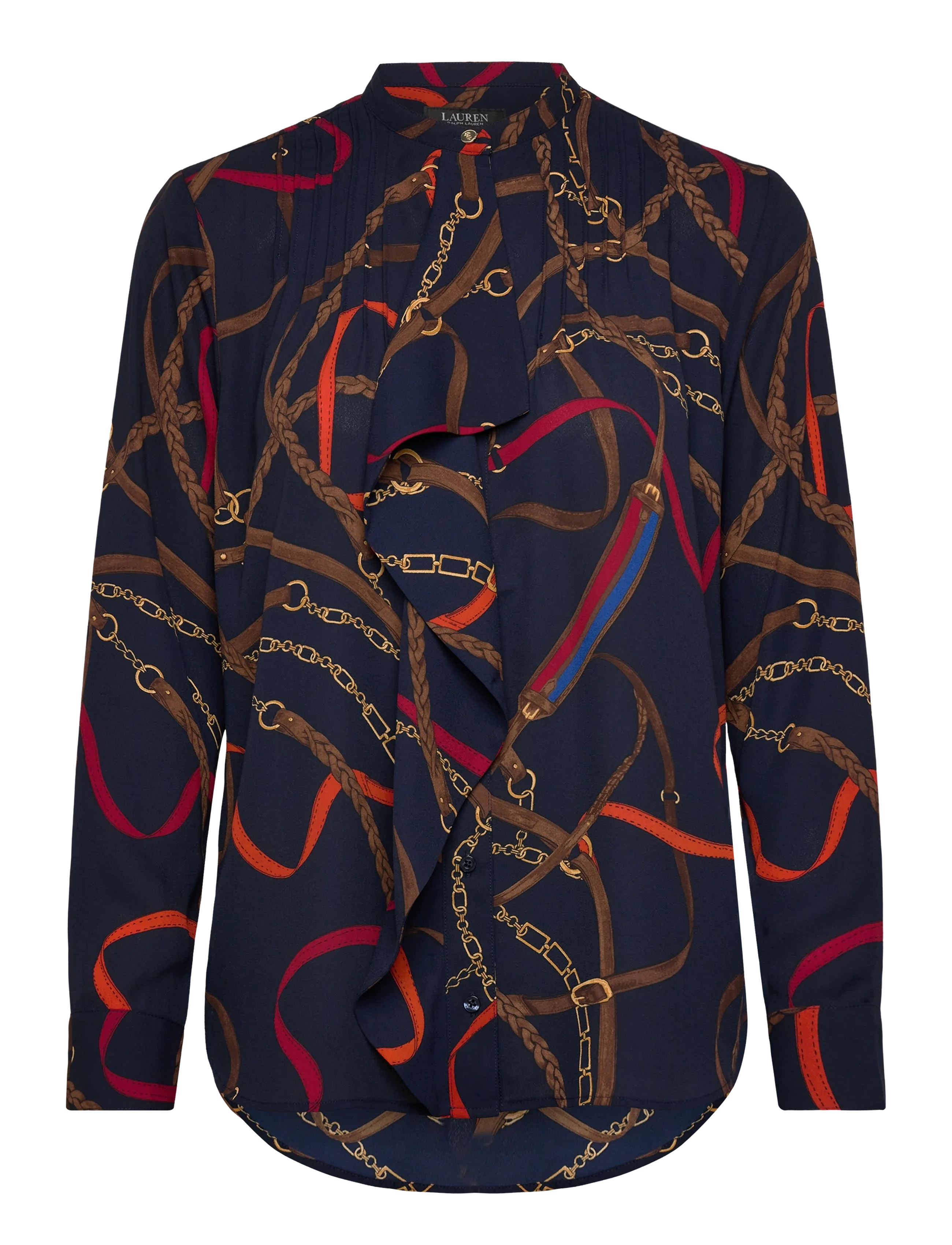 Print Ruffle-Trim Georgette Shirt - NAVY MULTI