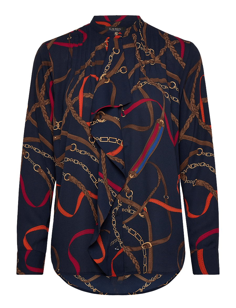 Lauren Ralph Lauren - Print Ruffle-Trim Georgette Shirt - langärmlige hemden - navy multi - 1