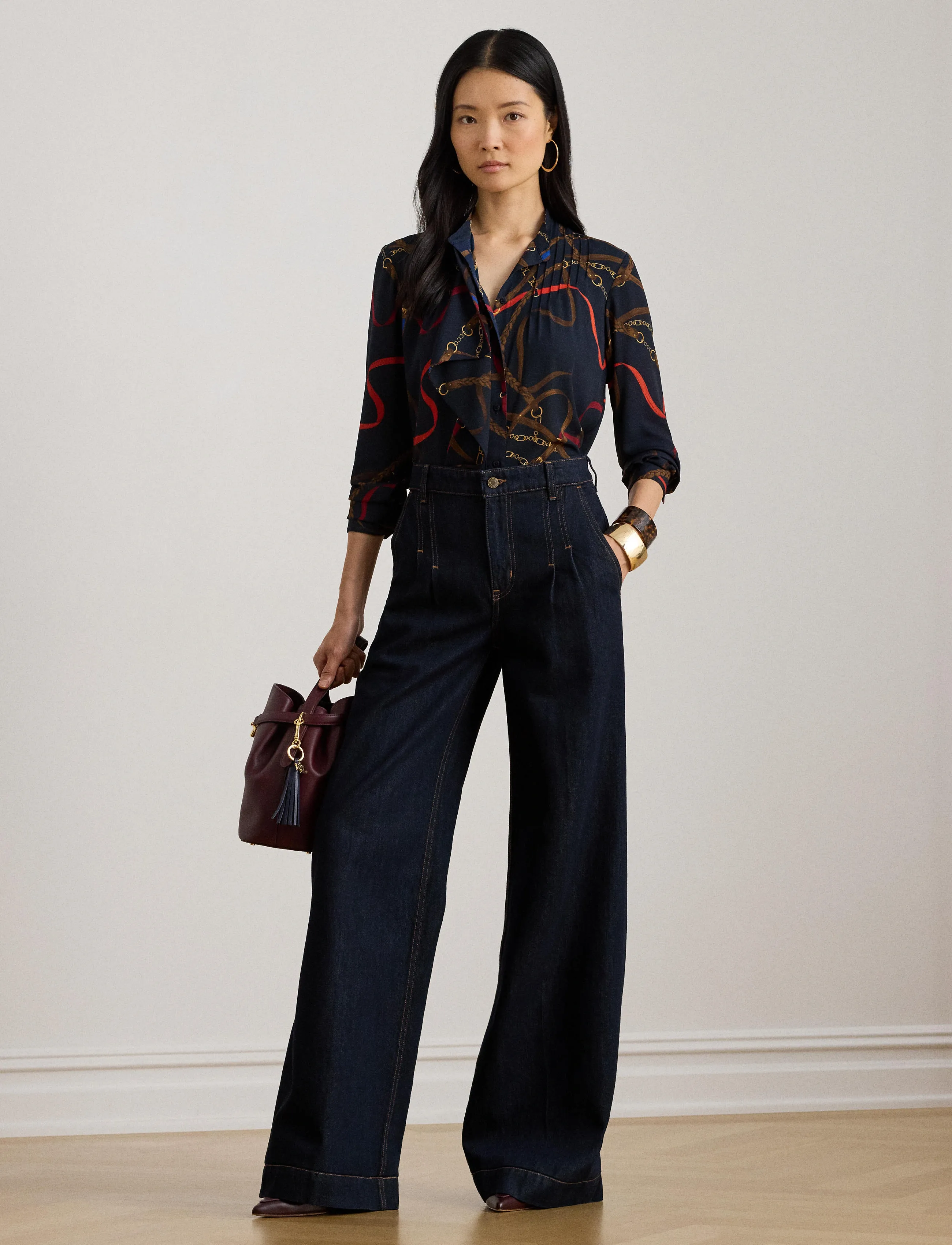 Lauren Ralph Print Ruffle-Trim Georgette Shirt, S, Shirts, Marineblau - Long-sleeved, Frauen