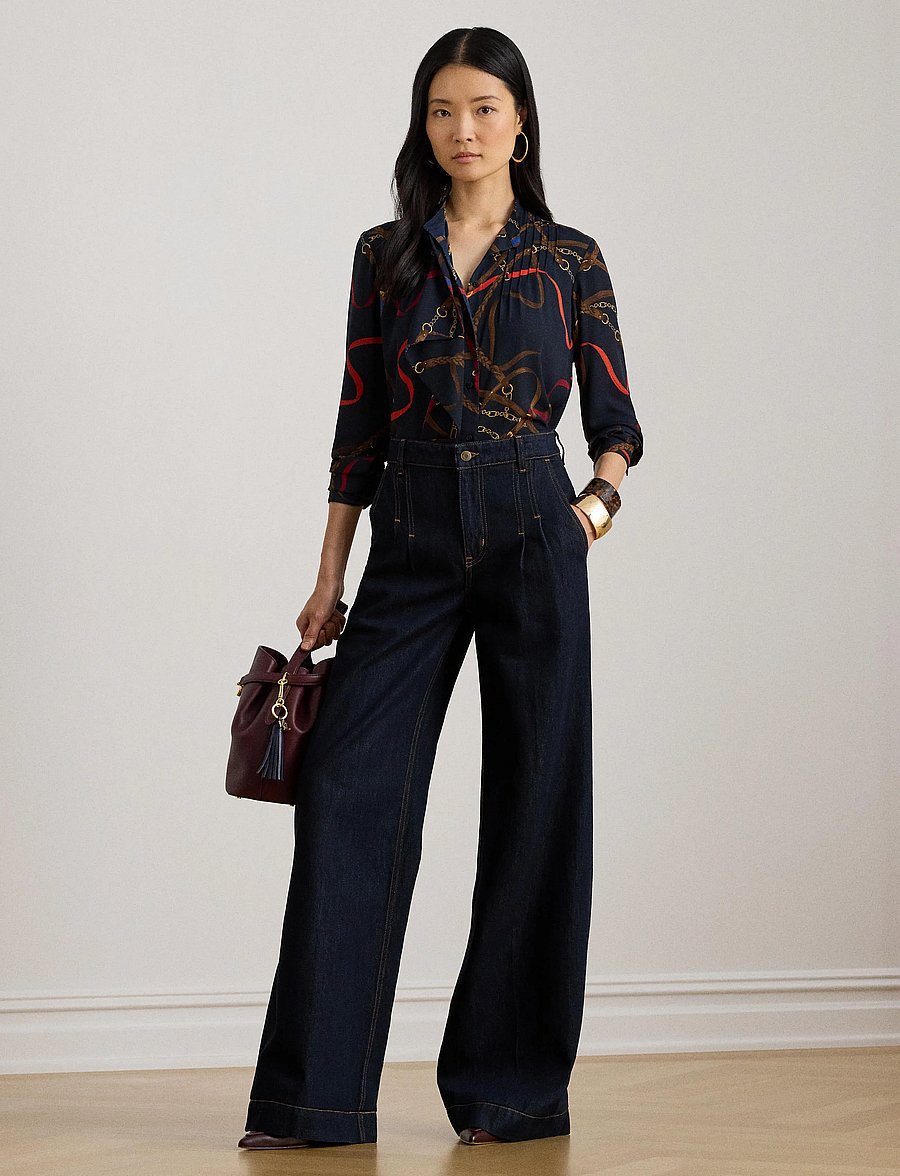 Lauren Ralph Lauren - Print Ruffle-Trim Georgette Shirt - langärmlige hemden - navy multi - 0