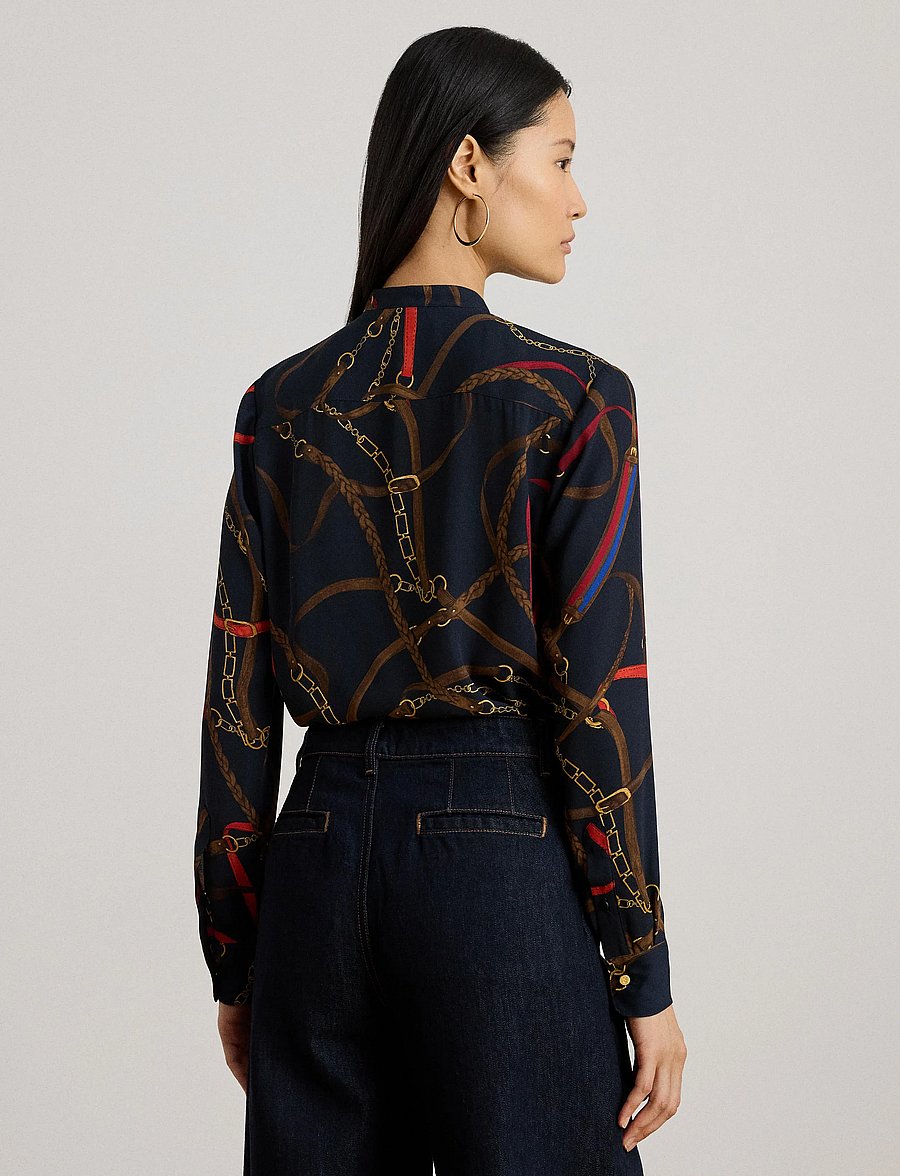 Lauren Ralph Lauren - Print Ruffle-Trim Georgette Shirt - langärmlige hemden - navy multi - 3