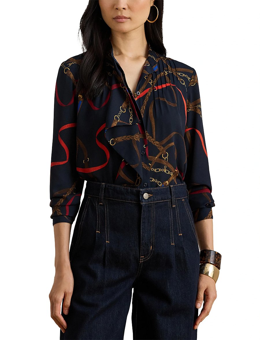 Lauren Ralph Lauren - Print Ruffle-Trim Georgette Shirt - langärmlige hemden - navy multi - 5