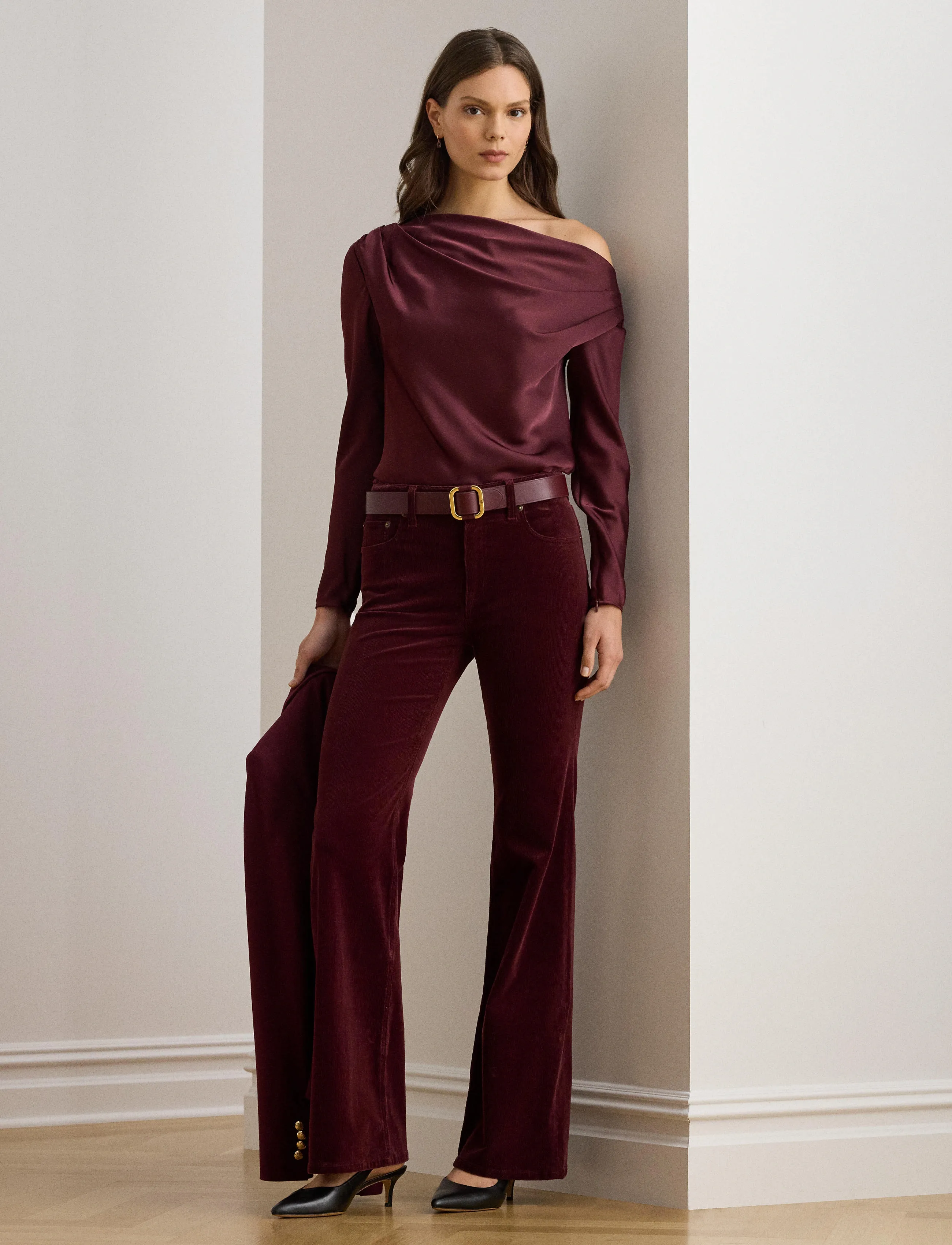 Lauren Ralph Lauren Satin Charmeuse Off-the-Shoulder Blouse - Lauren Ralph Lauren - DARK GARNET / burgundy