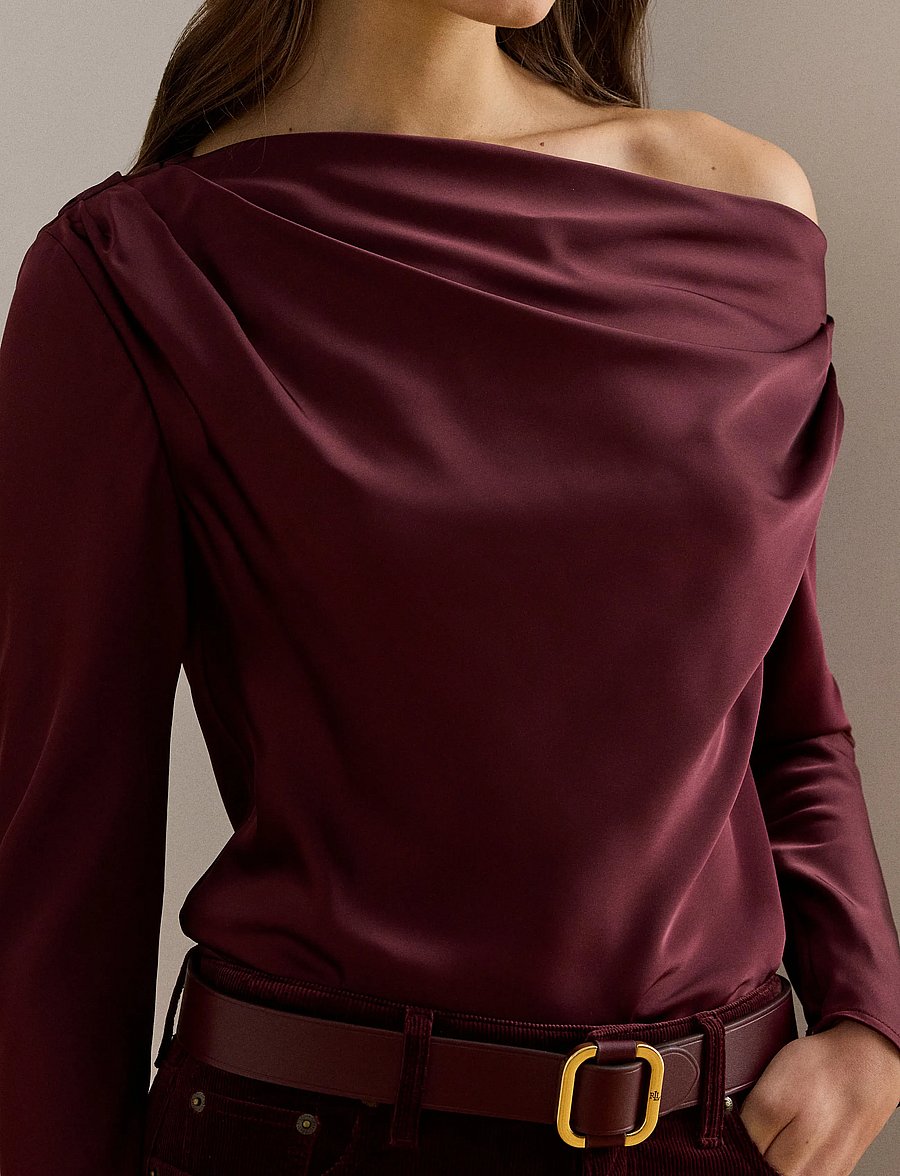 Lauren Ralph Lauren - Satin Charmeuse Off-the-Shoulder Blouse - langærmede bluser - dark garnet - 3