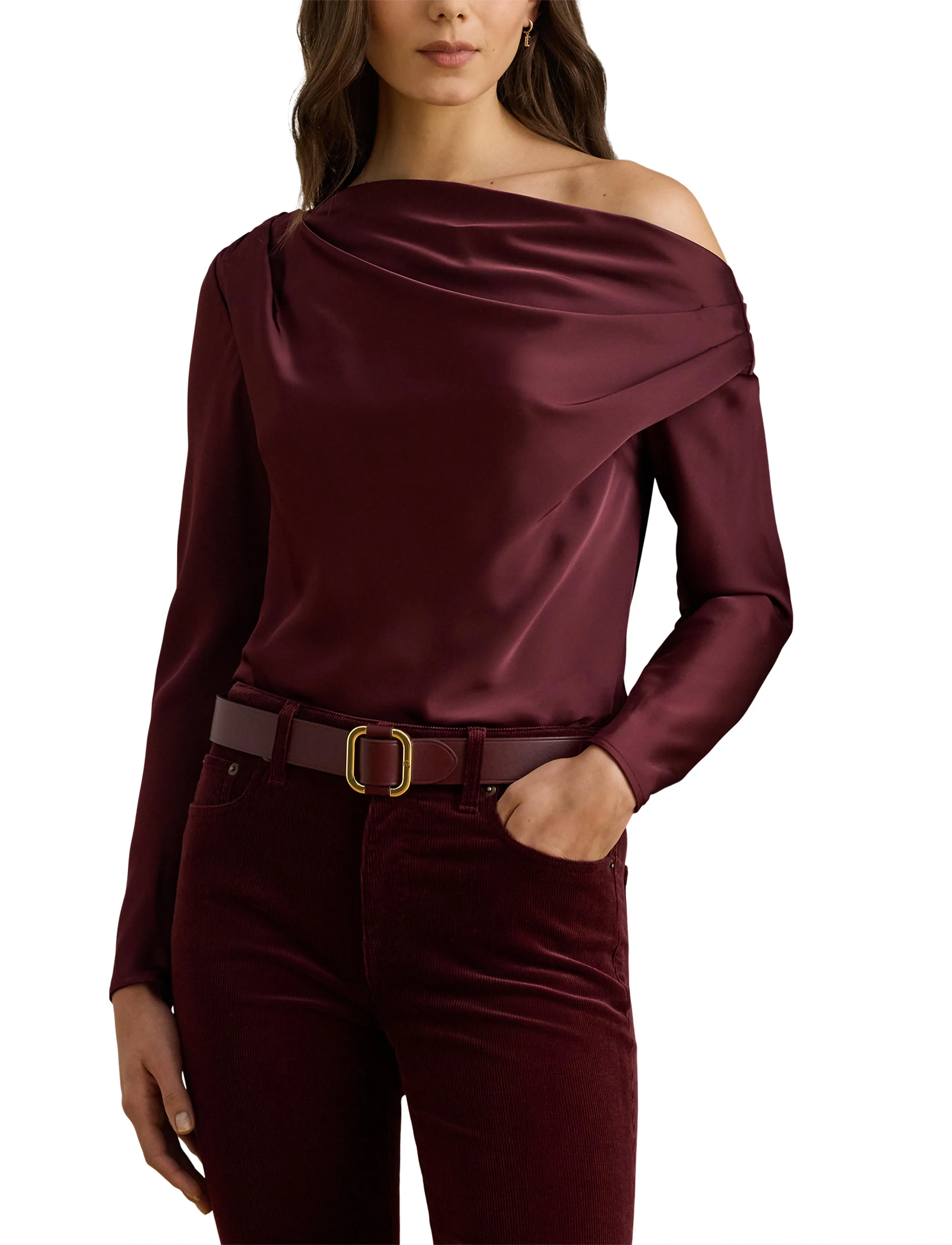 Lauren Ralph Lauren - Satin Charmeuse Off-the-Shoulder Blouse - langærmede bluser - dark garnet - 5