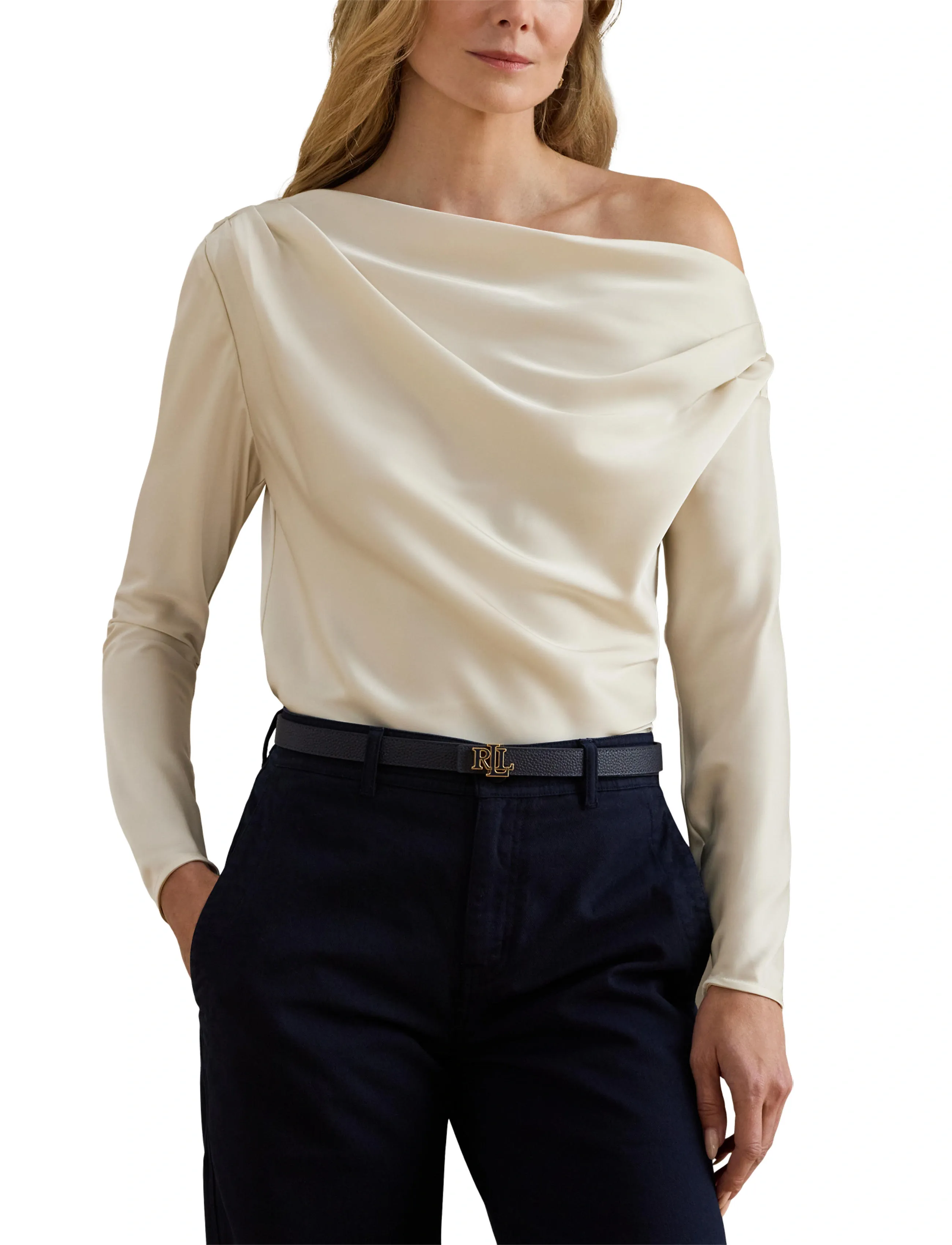 Lauren Ralph Lauren - Satin Charmeuse Off-the-Shoulder Blouse - langærmede bluser - mascarpone cream - 5