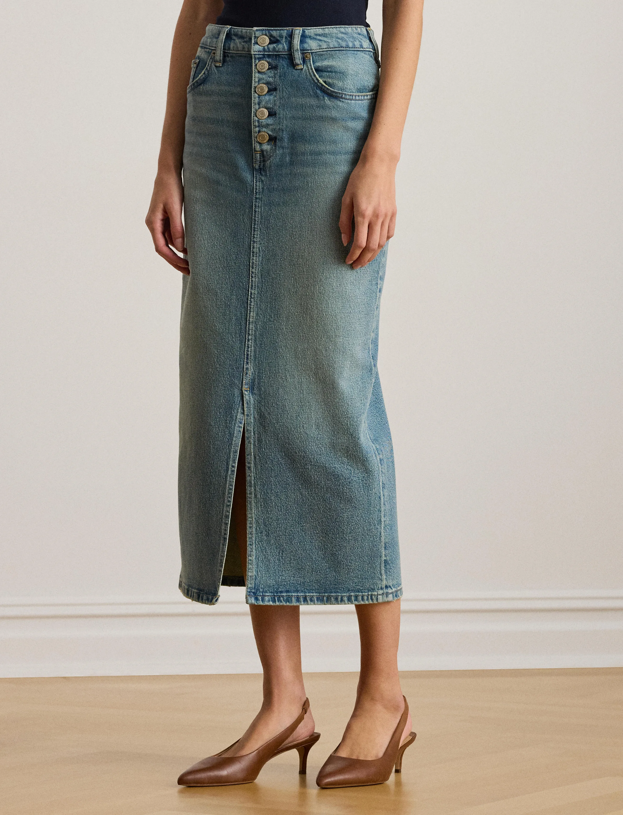 Lauren Ralph Denim Pencil Midi Skirt, 42, Röcke, Blau - Maxi Frauen