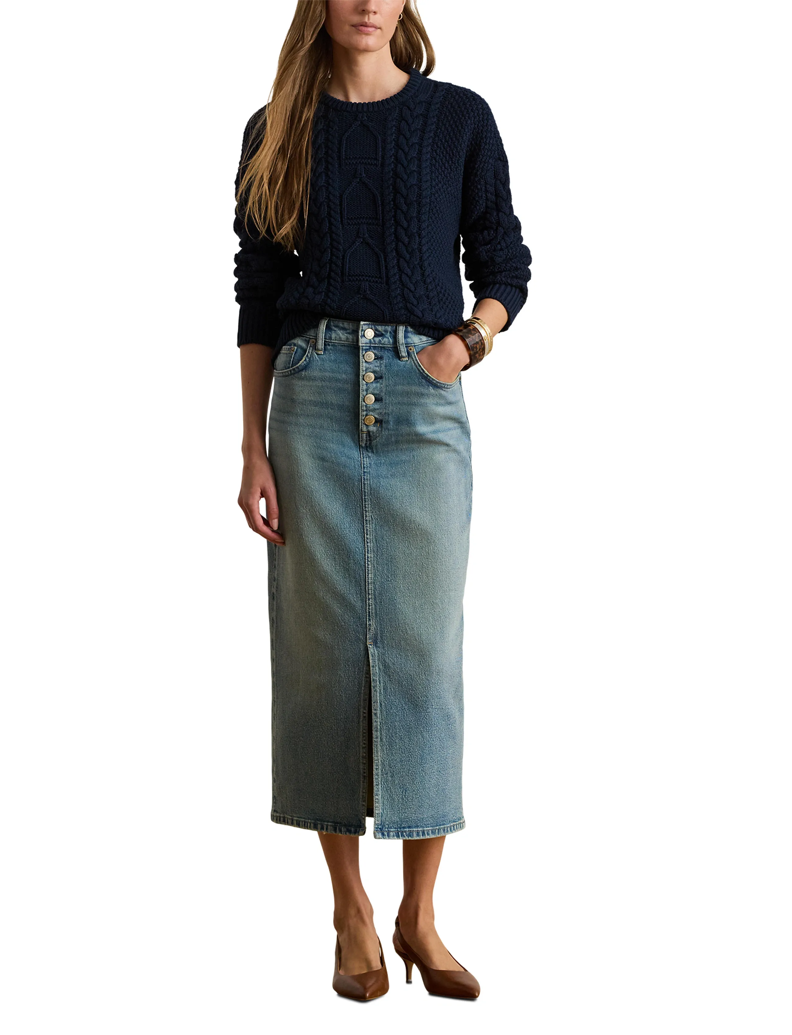 Lauren Ralph Lauren Denim Pencil Midi Skirt - Lauren Ralph Lauren - ODWIN WASH / blue