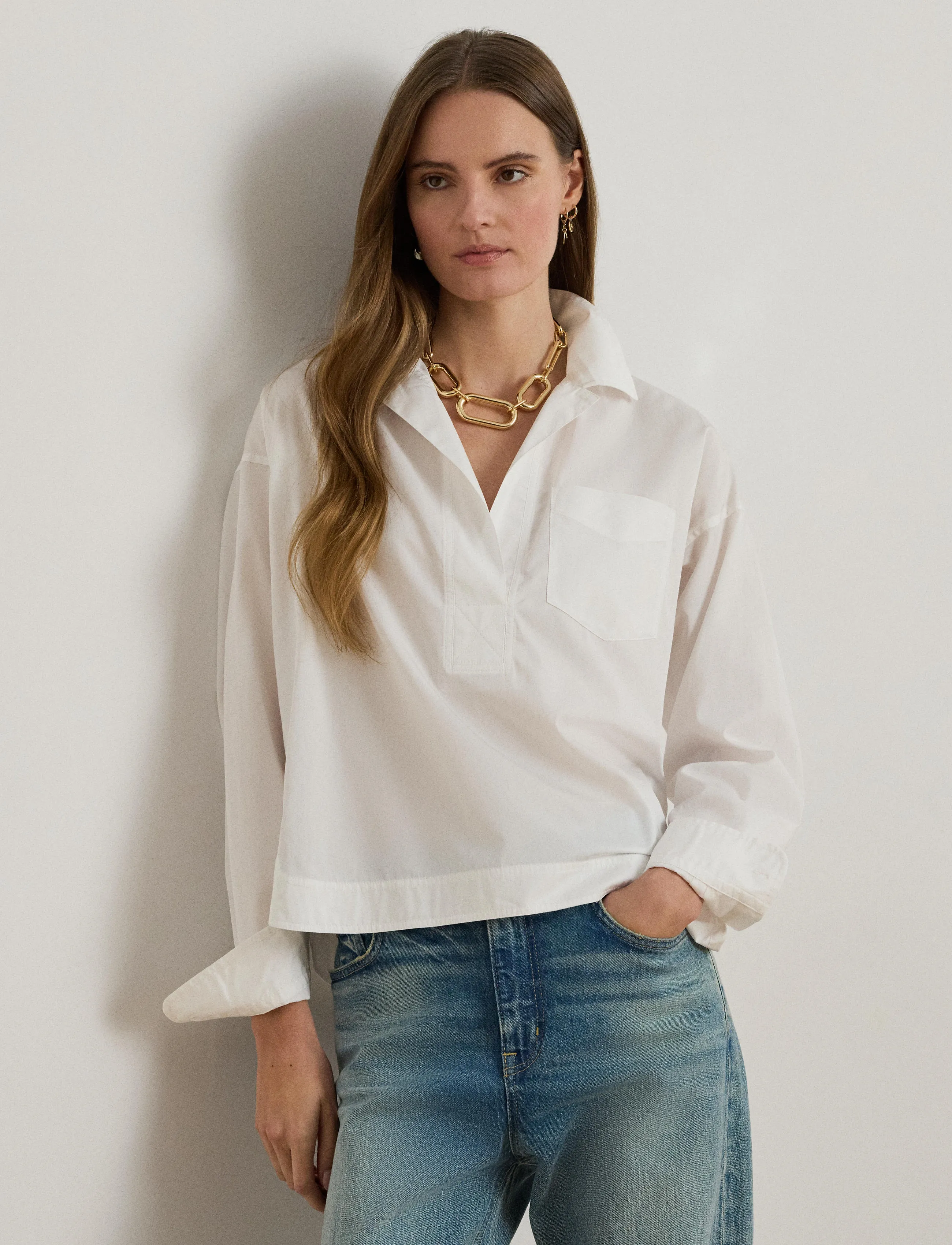 Lauren Ralph Lauren - Cotton Broadcloth Cropped Shirt - langärmlige hemden - white - 0