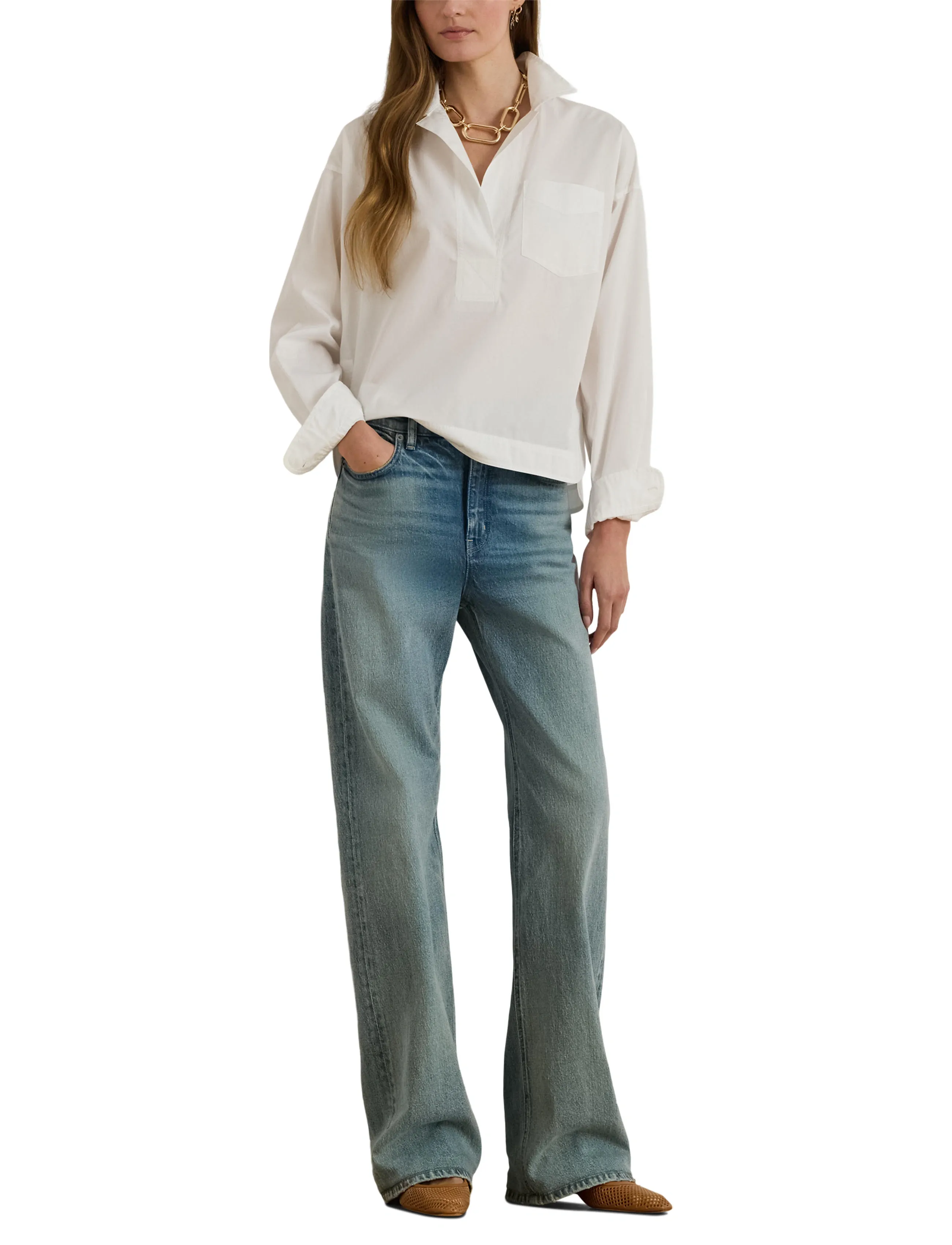 Lauren Ralph Lauren Cotton Broadcloth Cropped Shirt - Lauren Ralph Lauren - WHITE / white