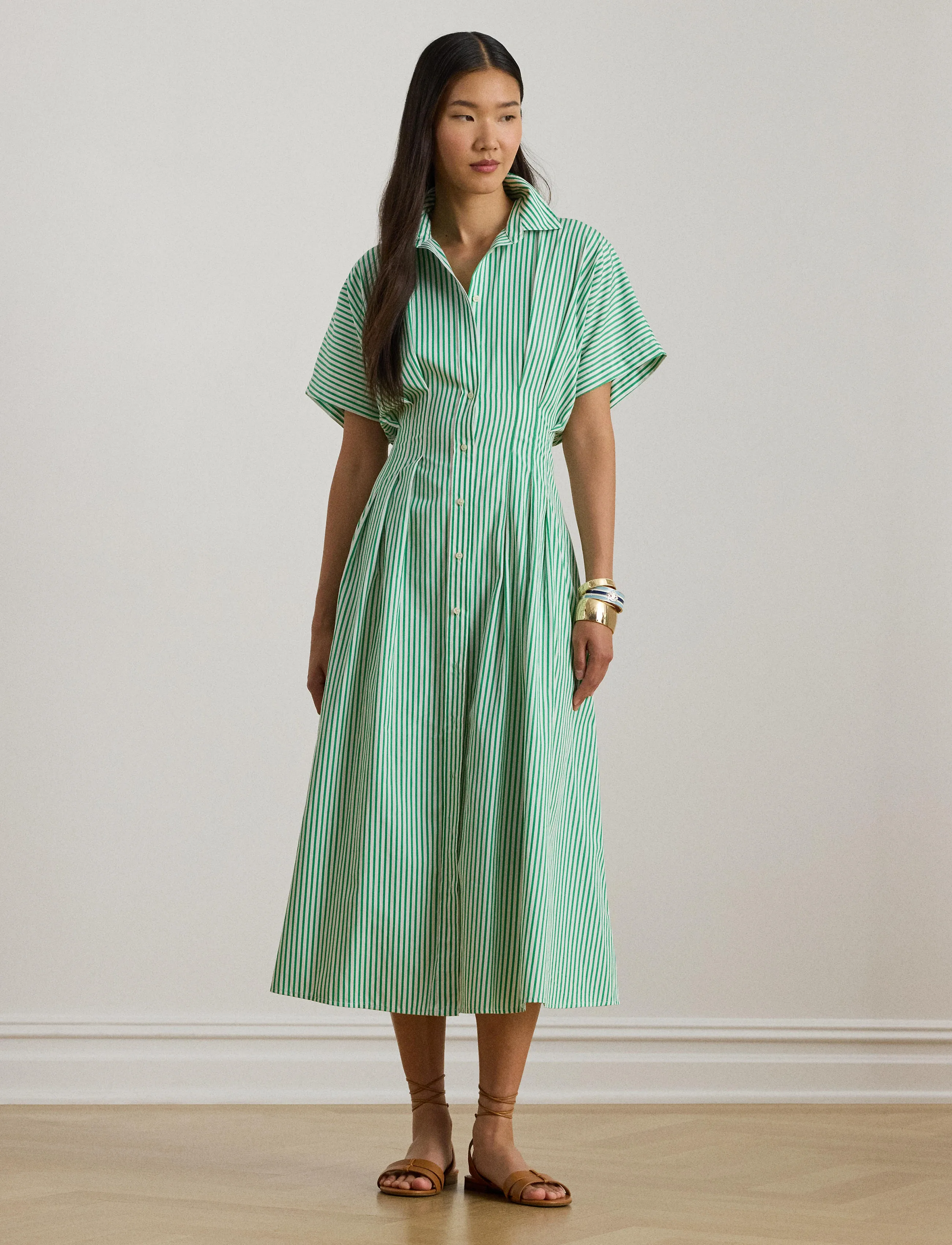 Lauren Ralph Striped Pleated Broadcloth Shirtdress, 38, Dresses, Grün - Knee-length & Midi, Frauen