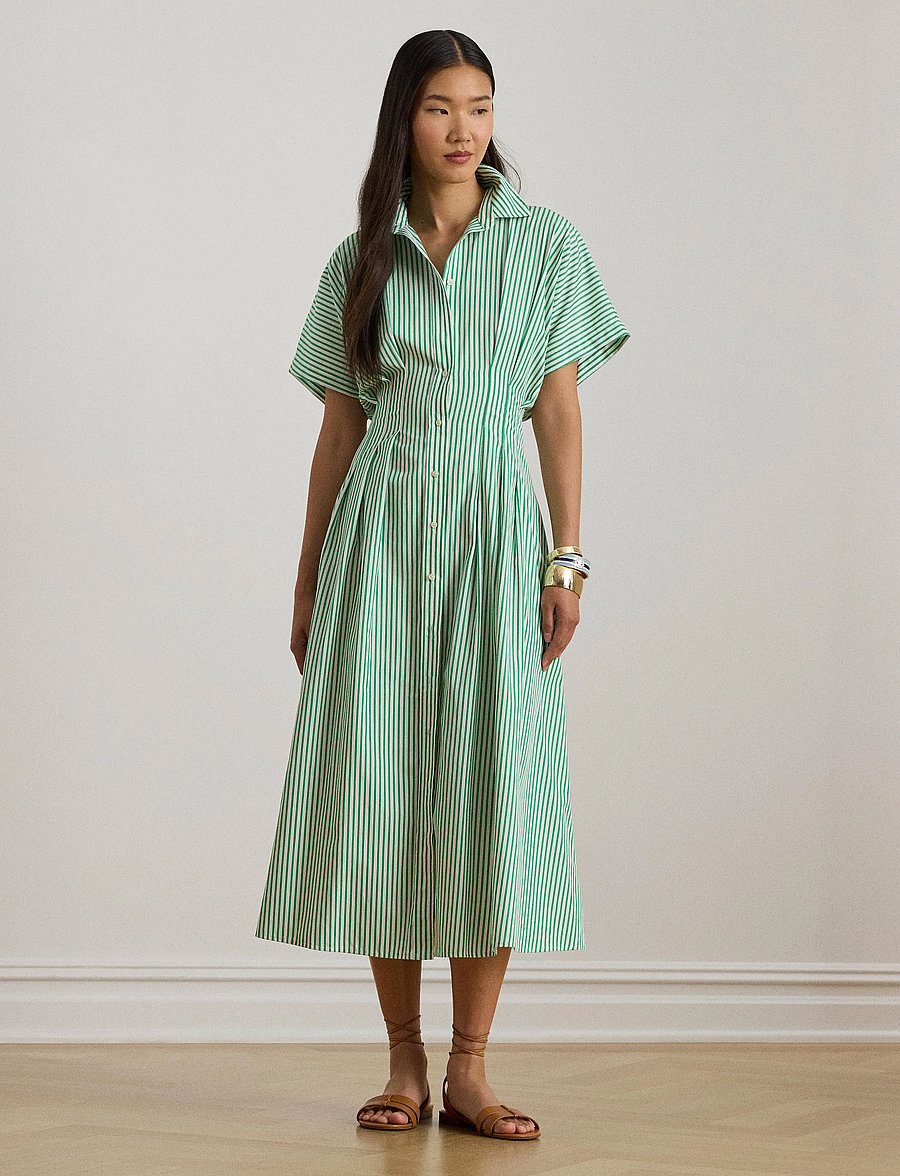 Lauren Ralph Lauren - Striped Pleated Broadcloth Shirtdress - skjortekjoler - green/white multi - 0