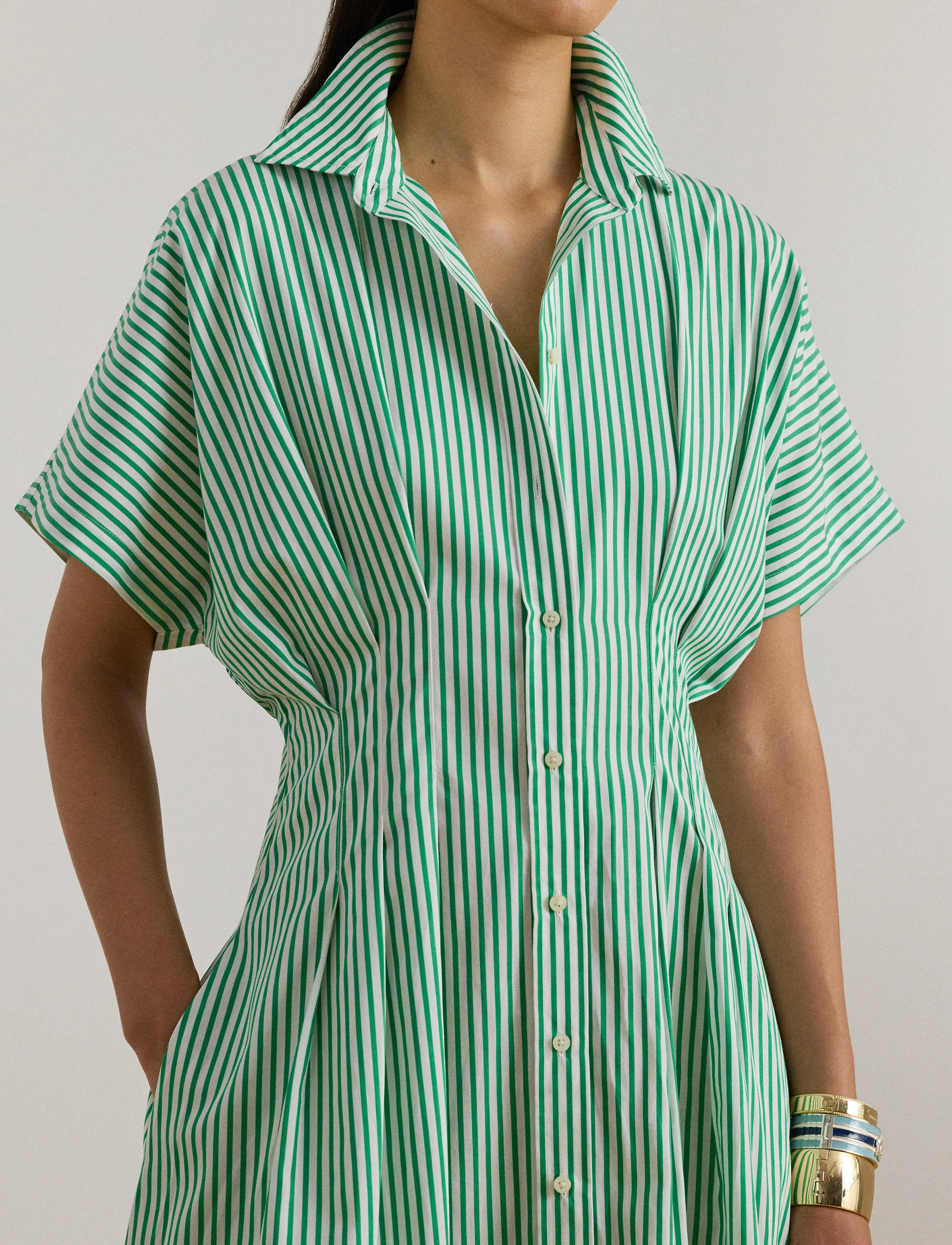 Lauren Ralph Lauren - Striped Pleated Broadcloth Shirtdress - sukienki koszulowe - green/white multi - 4