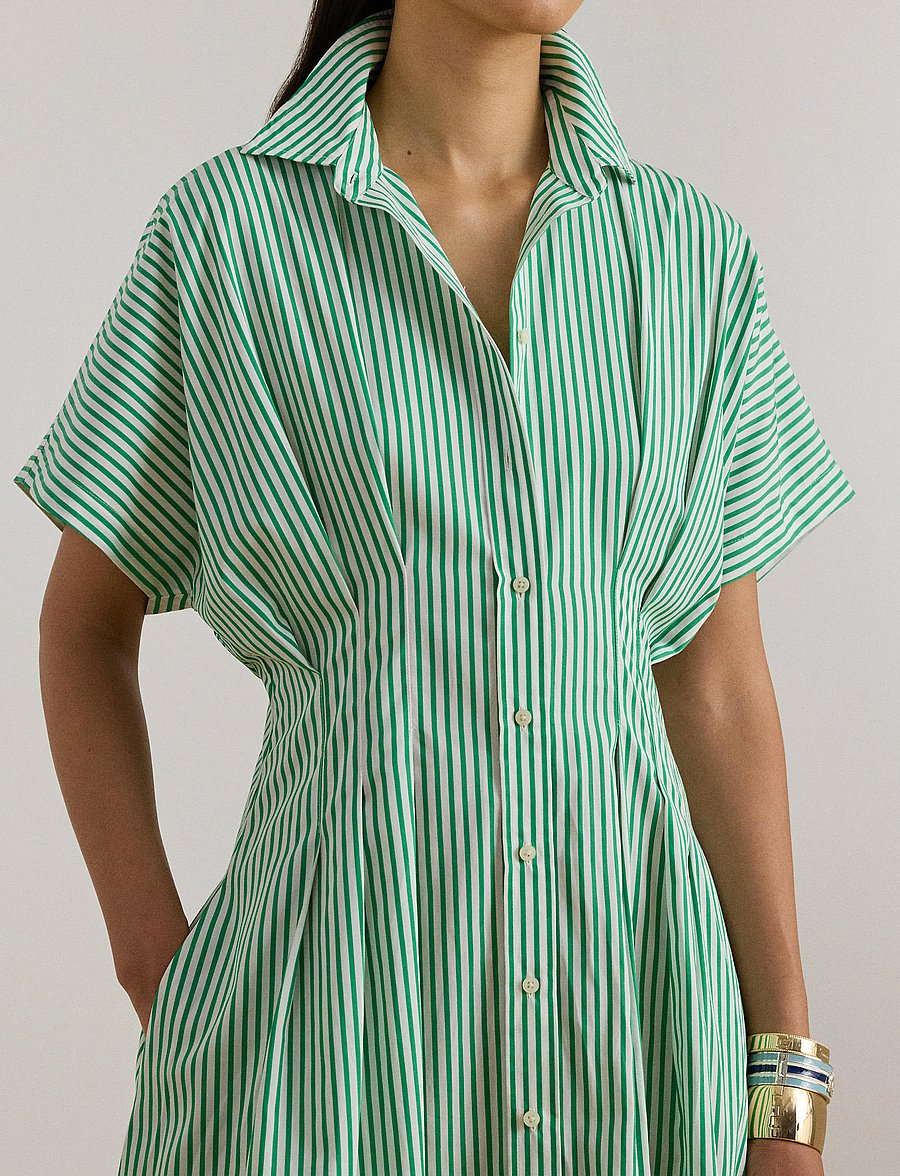 Lauren Ralph Lauren - Striped Pleated Broadcloth Shirtdress - skjortekjoler - green/white multi - 4