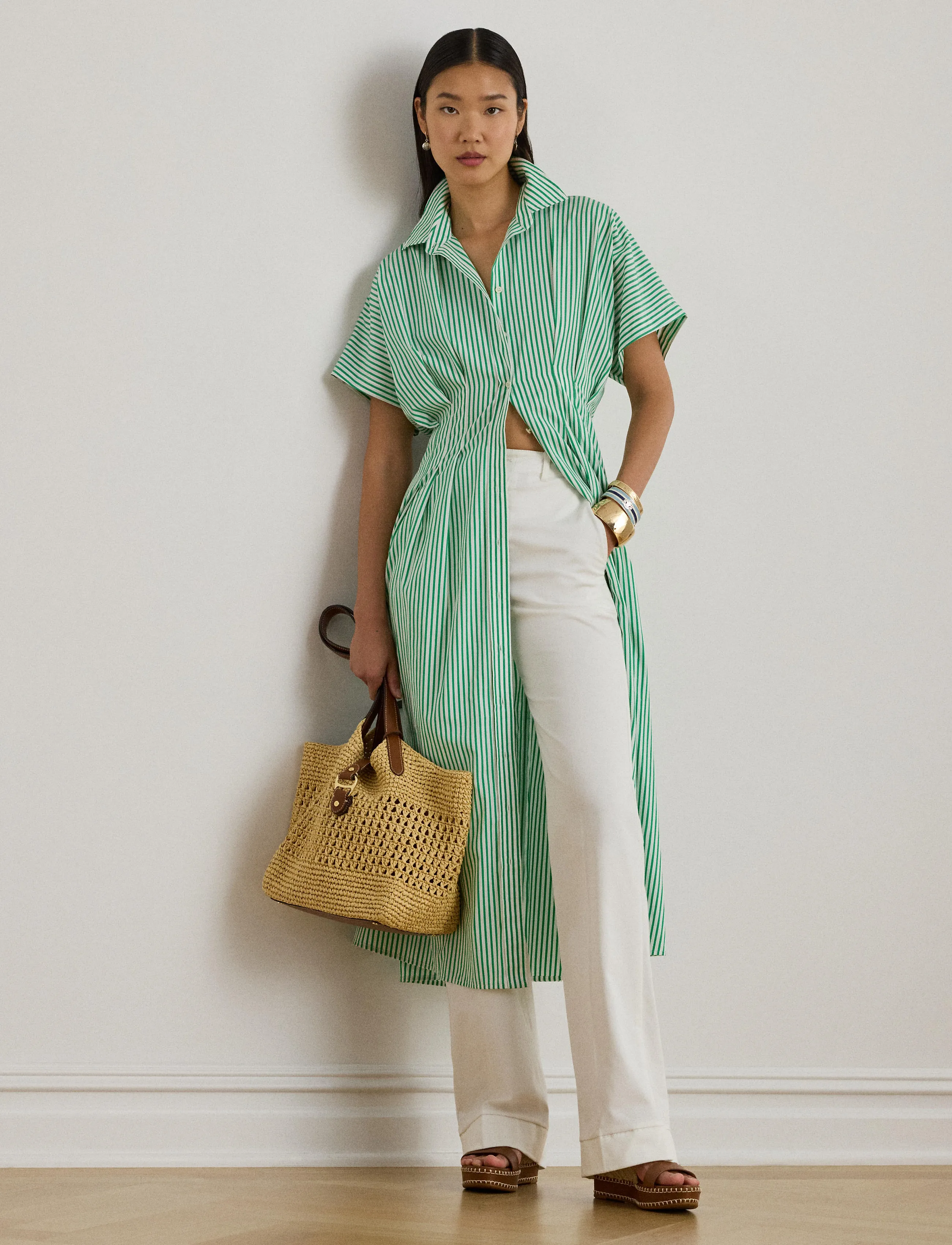 Lauren Ralph Lauren - Striped Pleated Broadcloth Shirtdress - sukienki koszulowe - green/white multi - 5