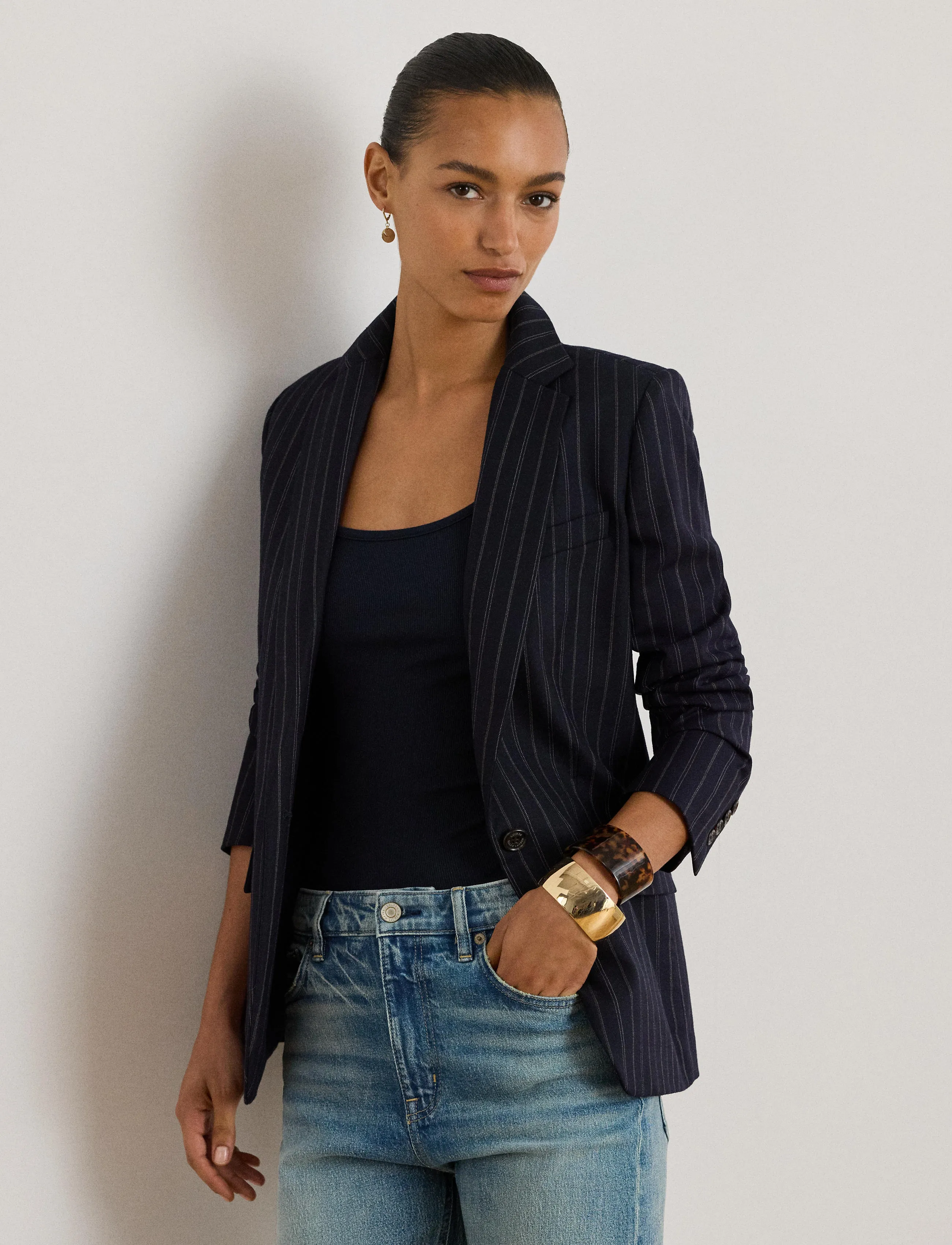 Lauren Ralph Lauren Striped Wool-Blend Twill Blazer - Lauren Ralph Lauren - NAVY/CREAM / navy