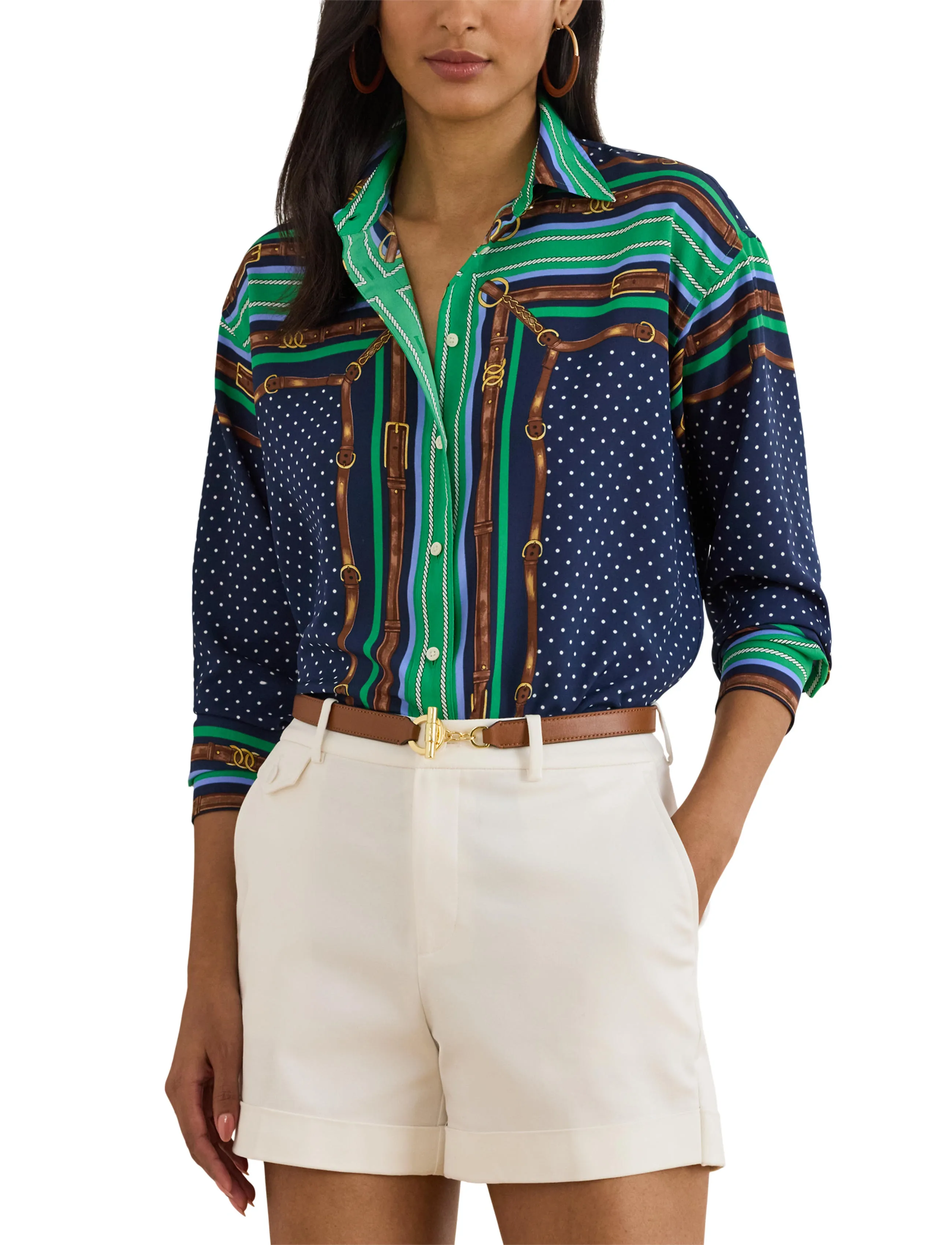 Lauren Ralph Lauren - Relaxed Fit Belting & Polka-Dot Shirt - koszule z długimi rękawami - blue multi - 5