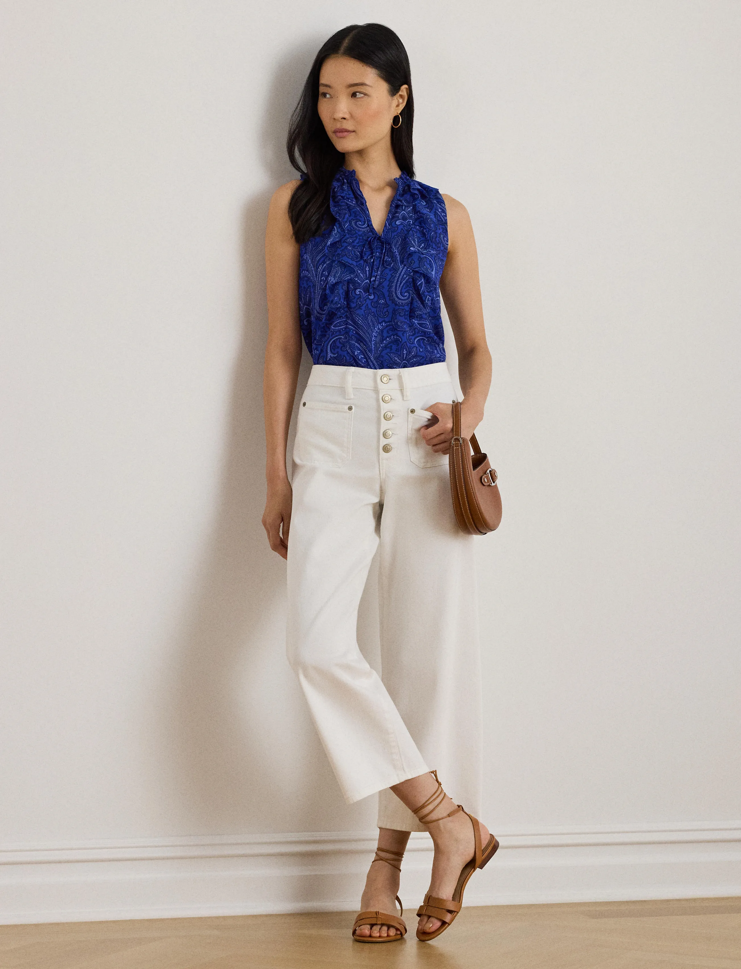 Lauren Ralph Lauren Paisley Ruffle-Trim Georgette Blouse, L, Blue, Bluser > Uden Ærmer, Dame