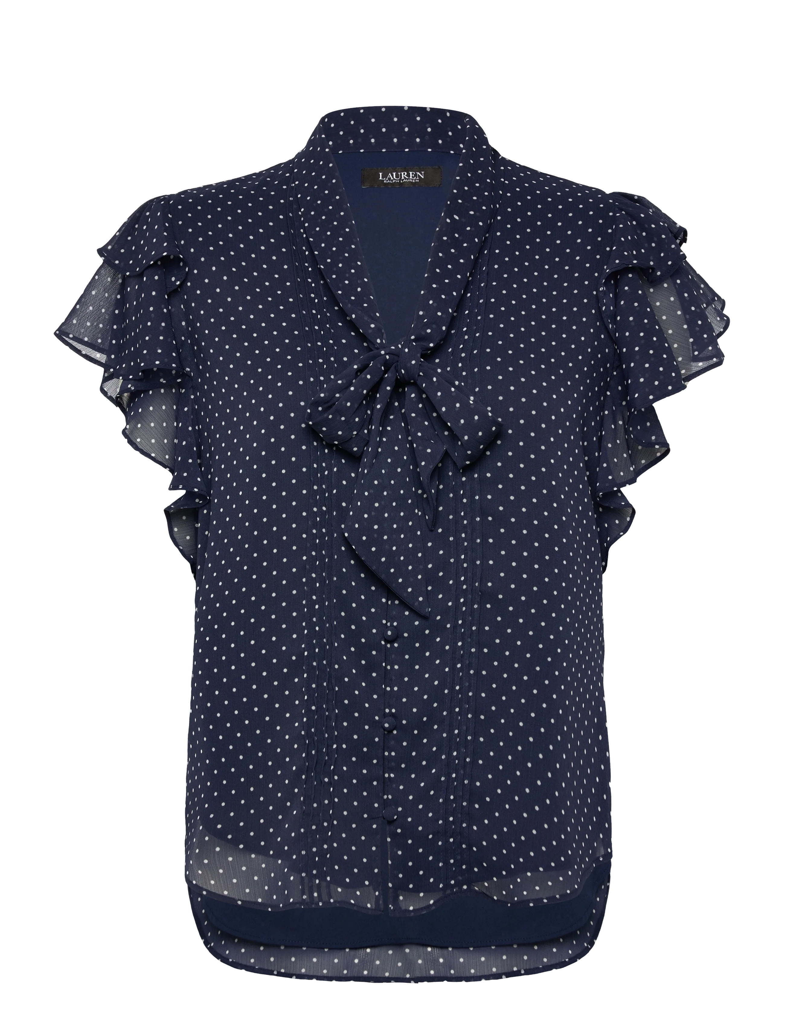 Polka-Dot Georgette Tie-Neck Blouse - NAVY/WHITE