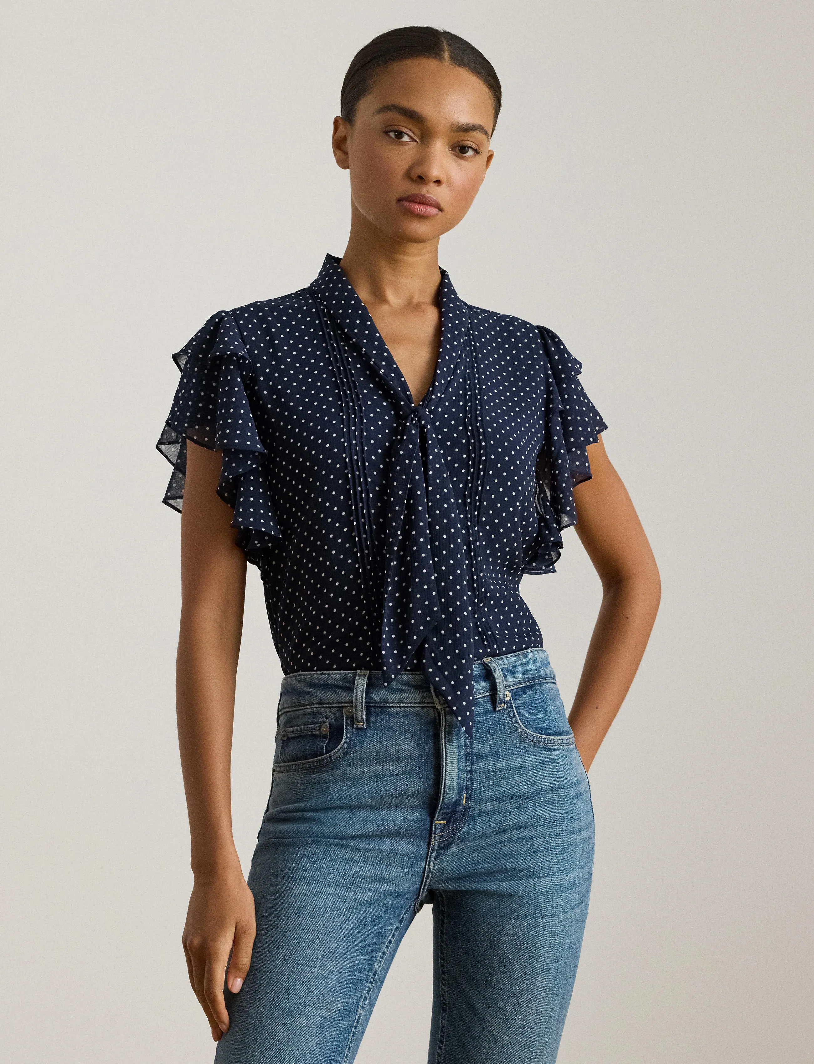 Lauren Ralph Lauren Polka-Dot Georgette Tie-Neck Blouse - Bluser & Skjorter - NAVY/WHITE / navy
