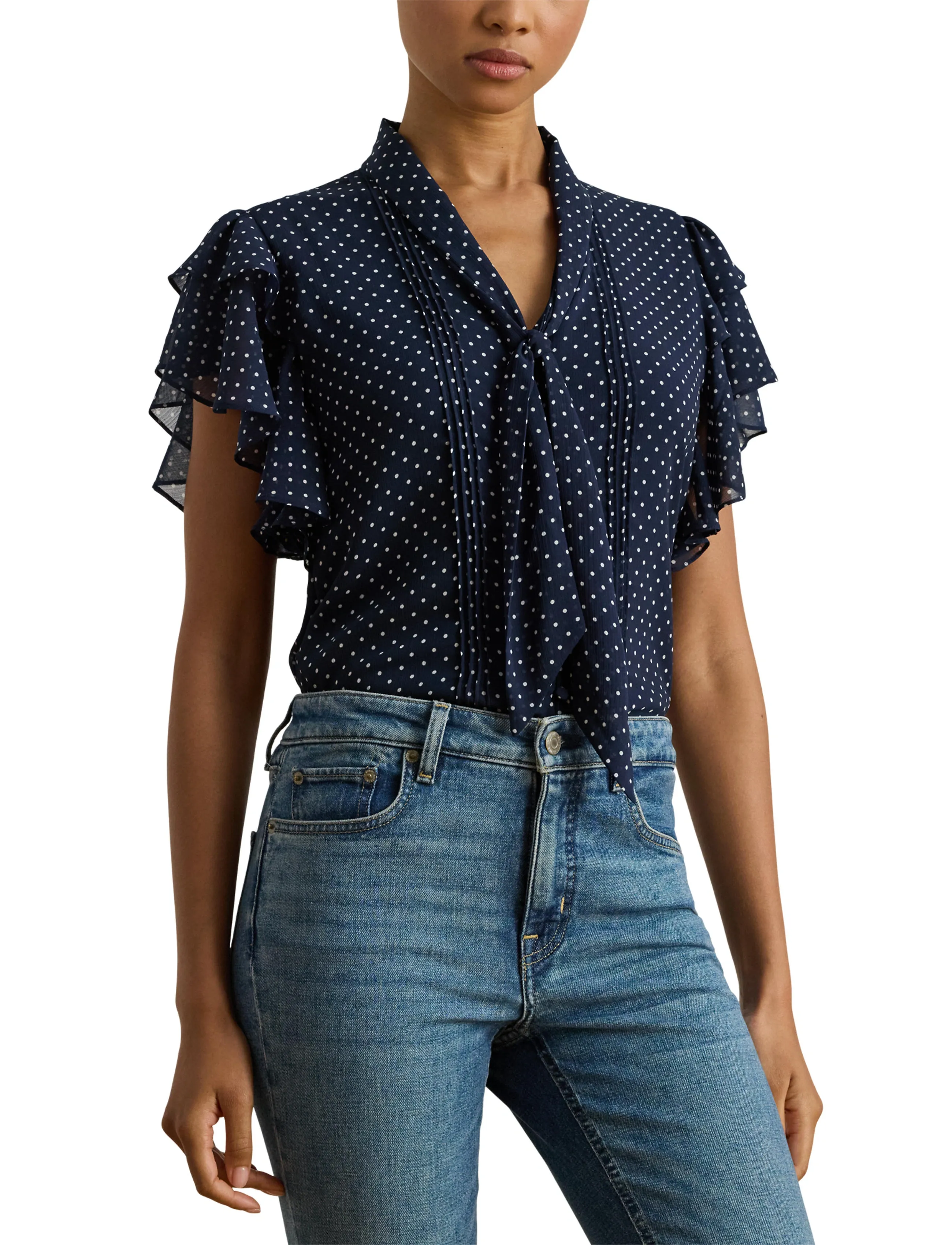 Lauren Ralph Lauren - Polka-Dot Georgette Tie-Neck Blouse - Ärmellose blusen - navy/white - 5