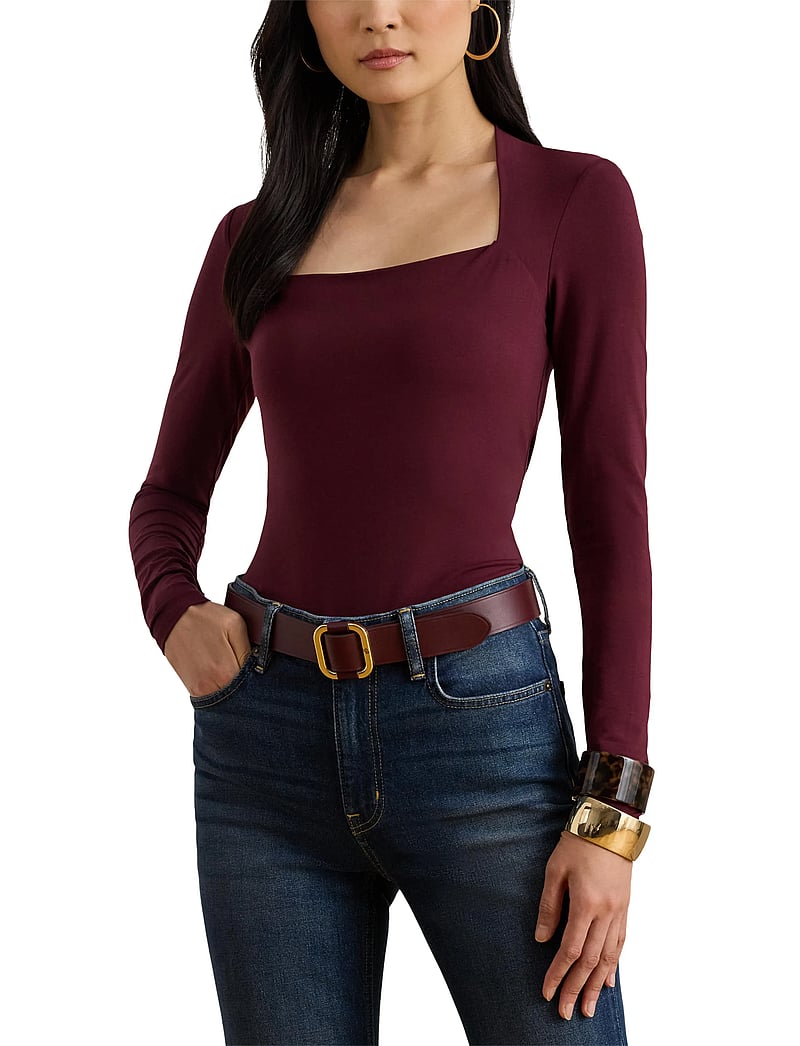 Lauren Ralph Lauren - Stretch Jersey Square-Neck Top - langerma toppar - dark garnet - 5