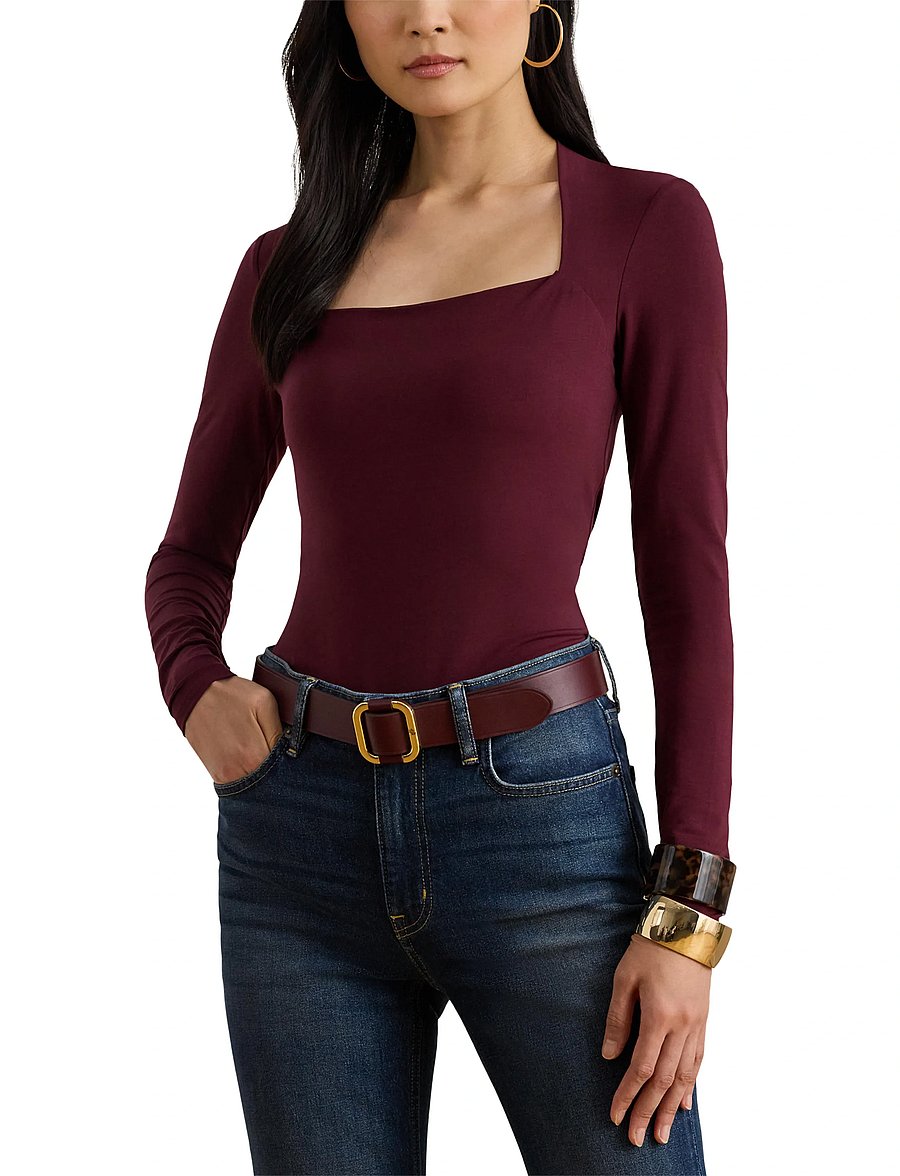 Lauren Ralph Lauren - Stretch Jersey Square-Neck Top - langärmlige tops - dark garnet - 5