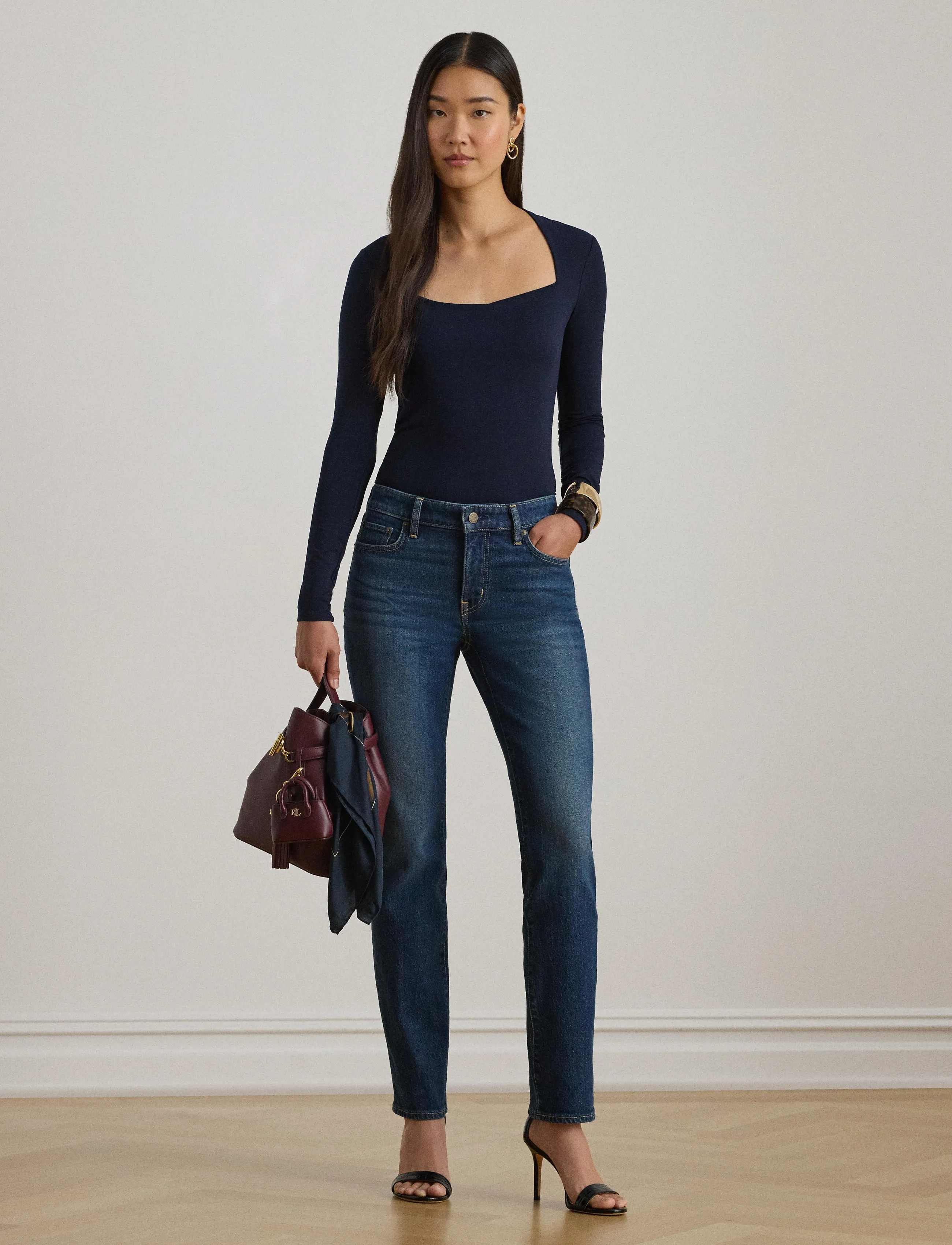 Lauren Ralph Lauren - Stretch Jersey Square-Neck Top - langærmede toppe - lauren navy - 4