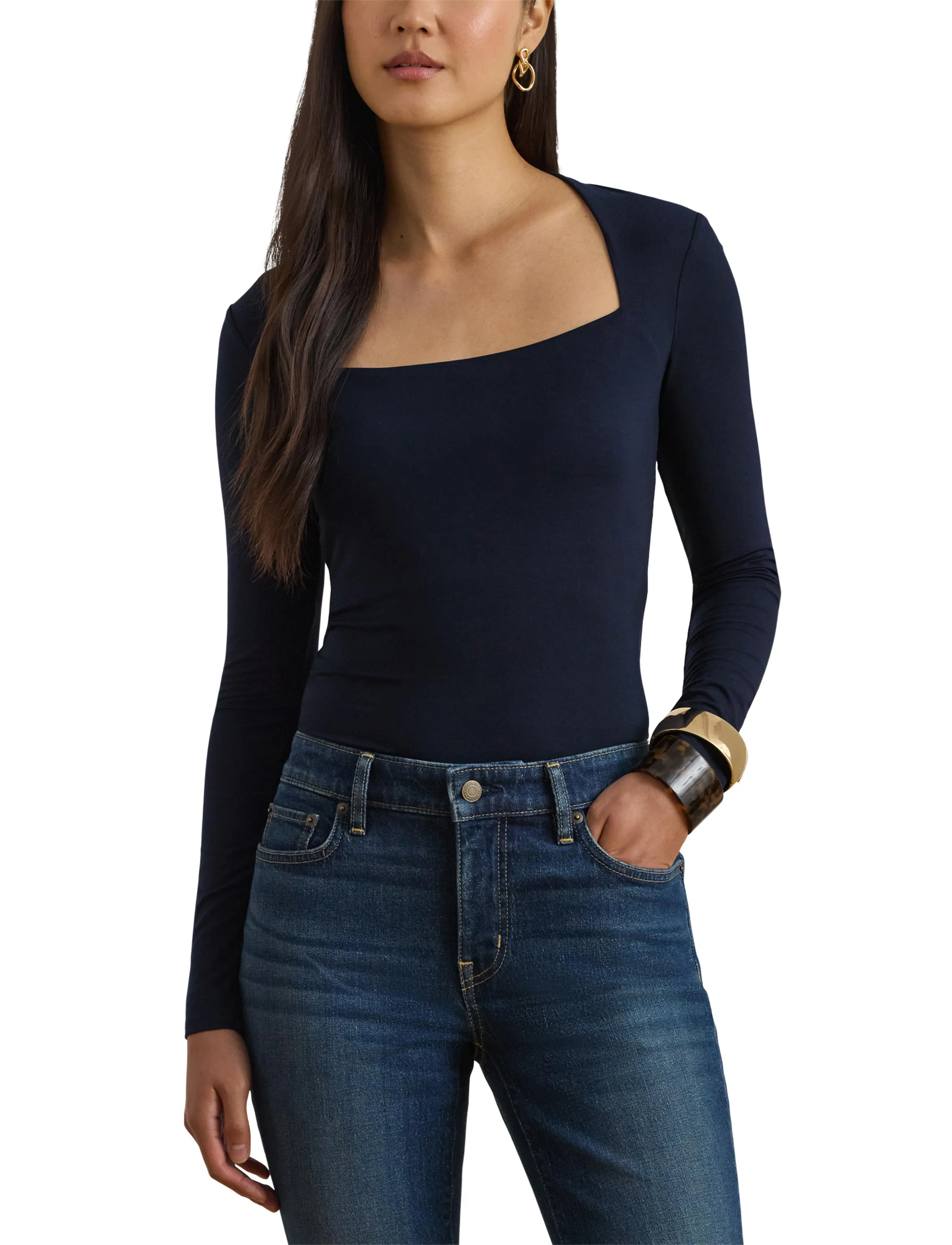 Lauren Ralph Lauren - Stretch Jersey Square-Neck Top - langærmede toppe - lauren navy - 5