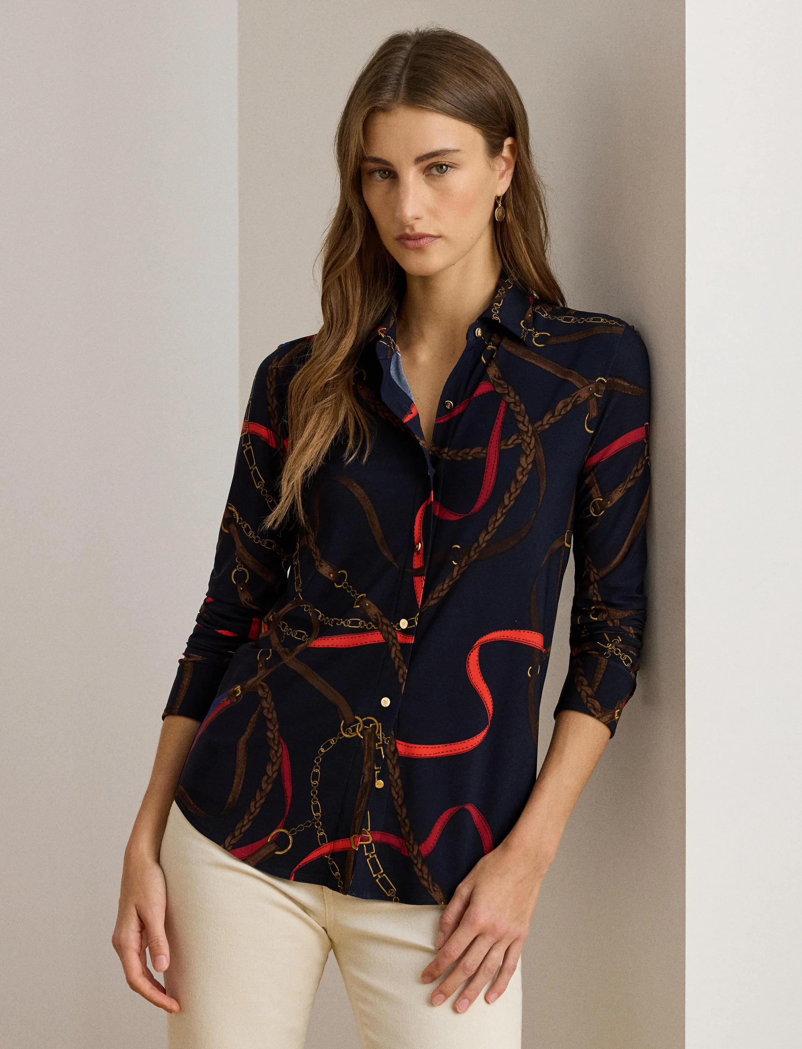 Lauren Ralph Lauren Slim Fit Belting-Print Jersey Shirt - Blouses & Overhemden - NAVY MULTI / multi