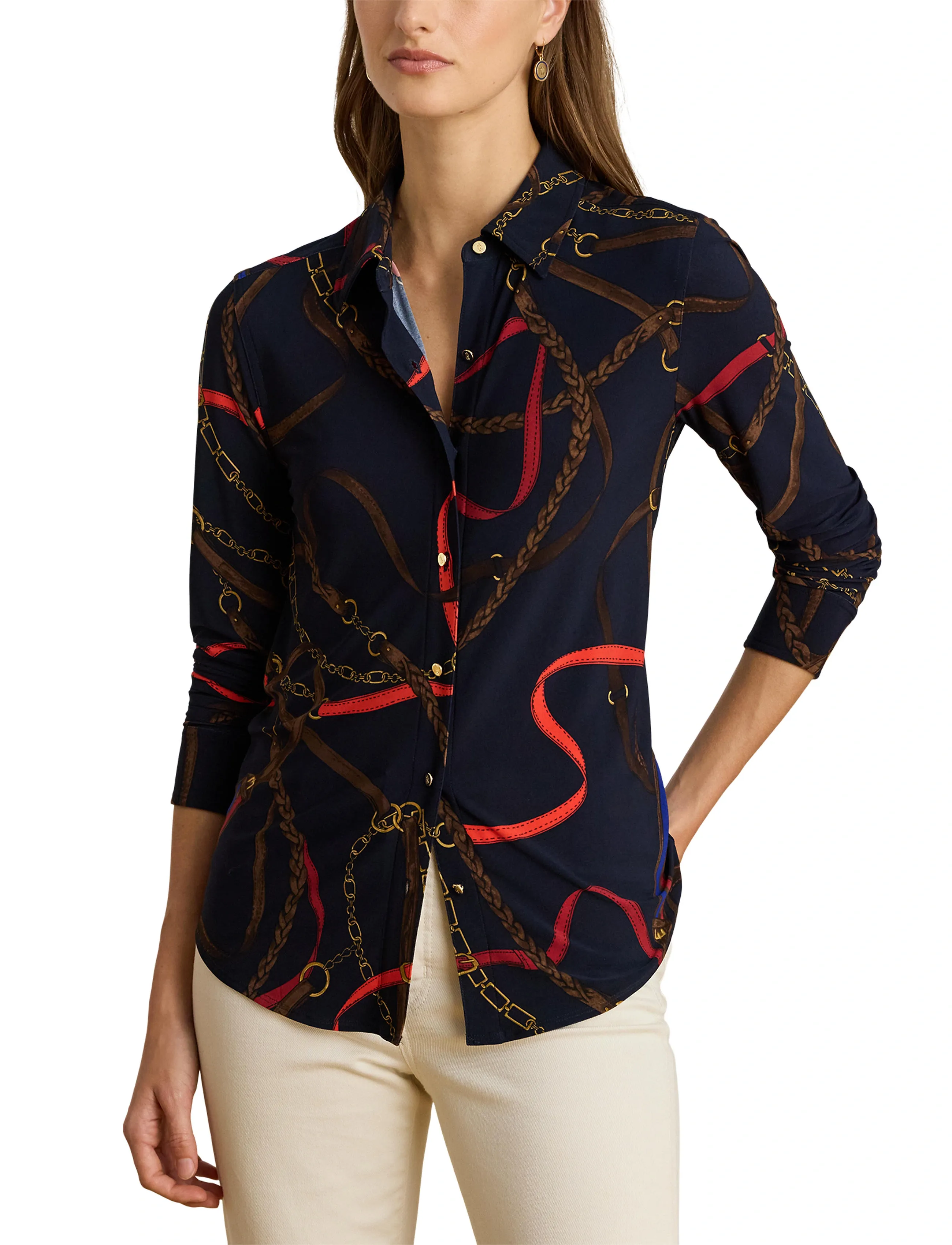Lauren Ralph Lauren - Slim Fit Belting-Print Jersey Shirt - langärmlige hemden - navy multi - 5
