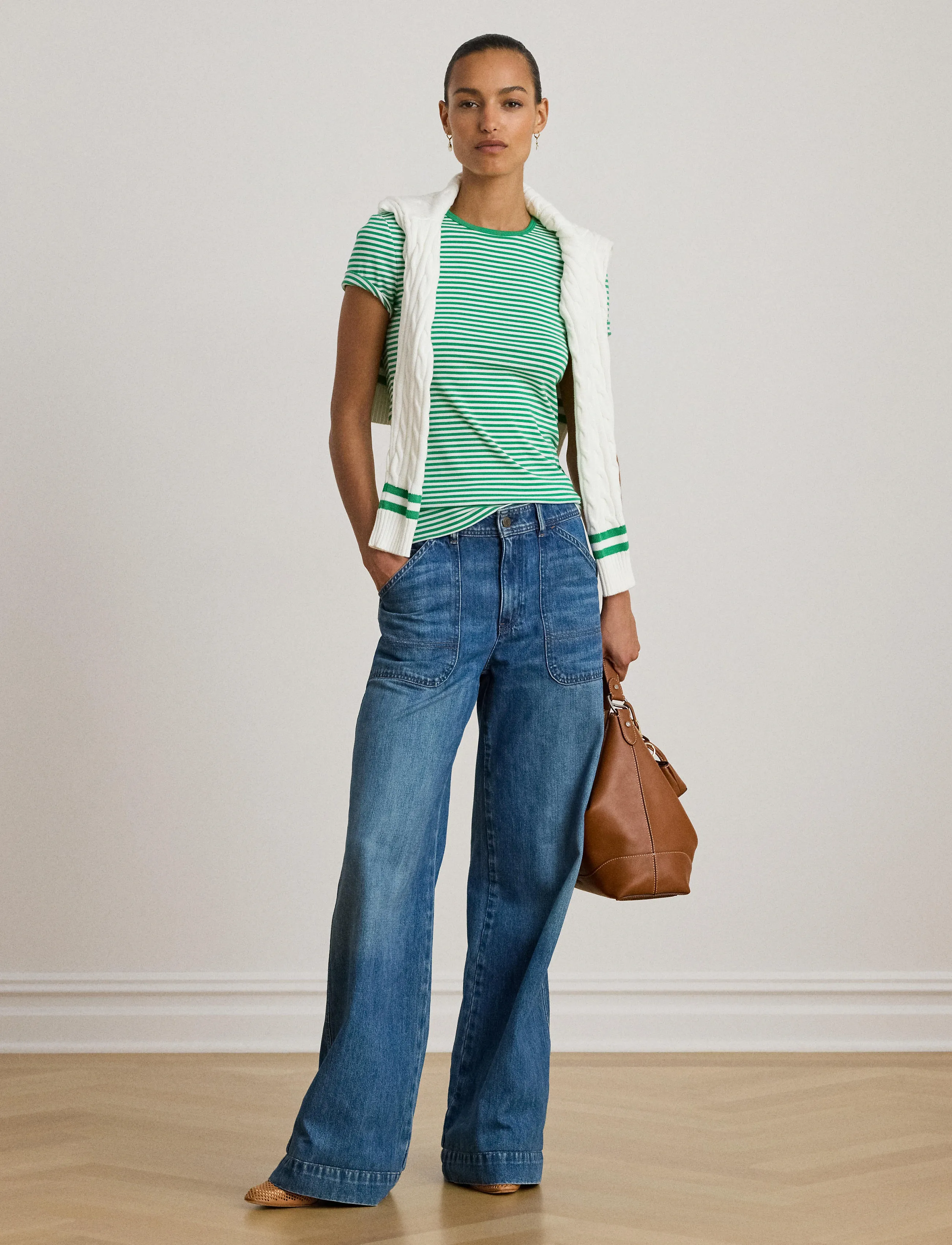 Lauren Ralph Lauren Striped Stretch Cotton Crewneck Tee - T-shirts & Toppe - STEM/WHITE / green