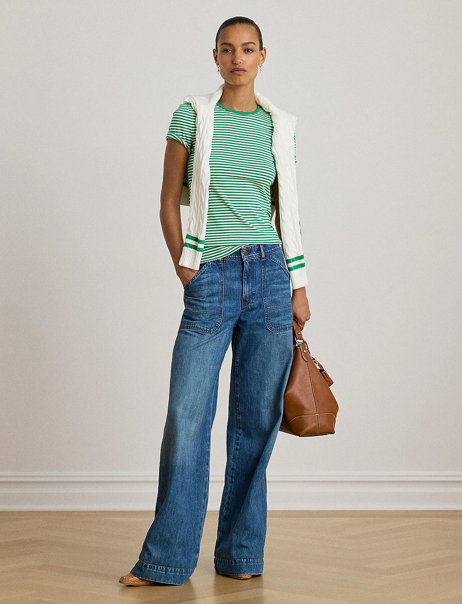 Lauren Ralph Lauren - Striped Stretch Cotton Crewneck Tee - t-shirts - stem/white - 0