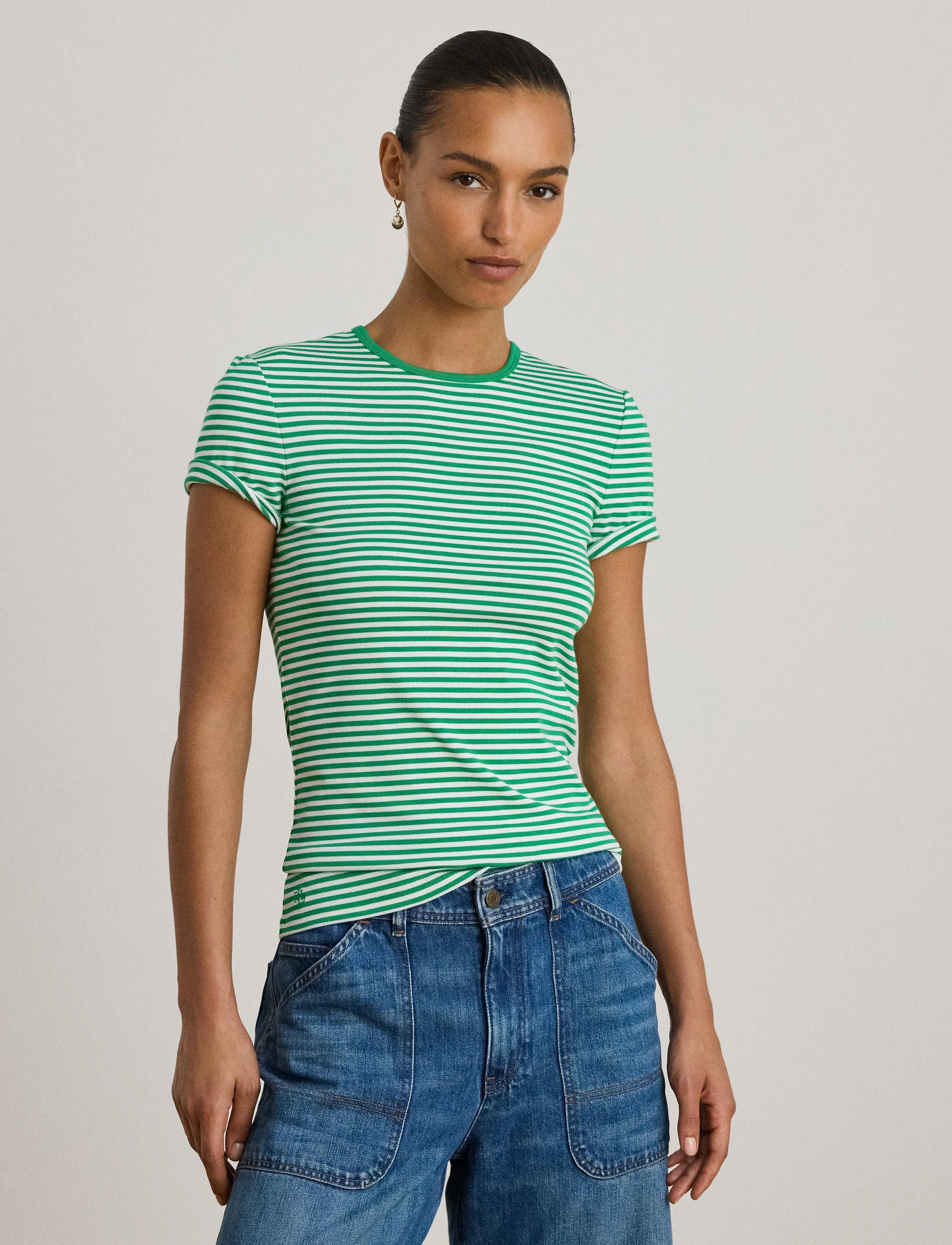 Lauren Ralph Lauren - Striped Stretch Cotton Crewneck Tee - t-shirts - stem/white - 3