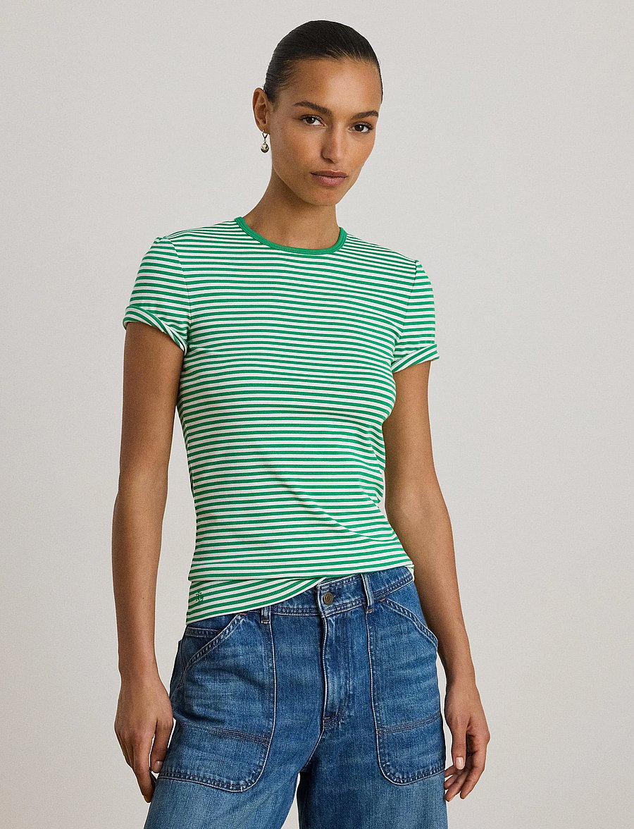 Lauren Ralph Lauren - Striped Stretch Cotton Crewneck Tee - t-shirts - stem/white - 3