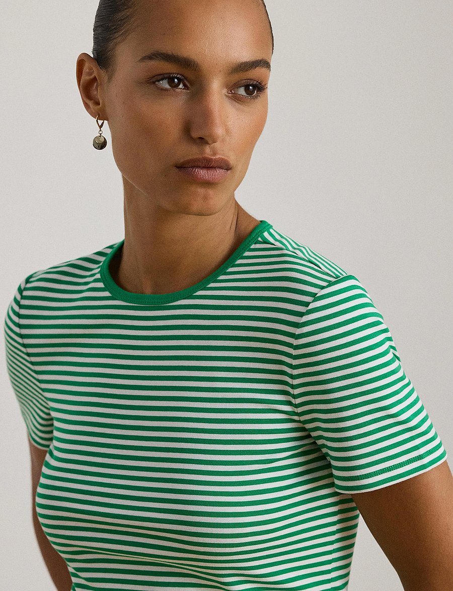 Lauren Ralph Lauren - Striped Stretch Cotton Crewneck Tee - t-shirts - stem/white - 4