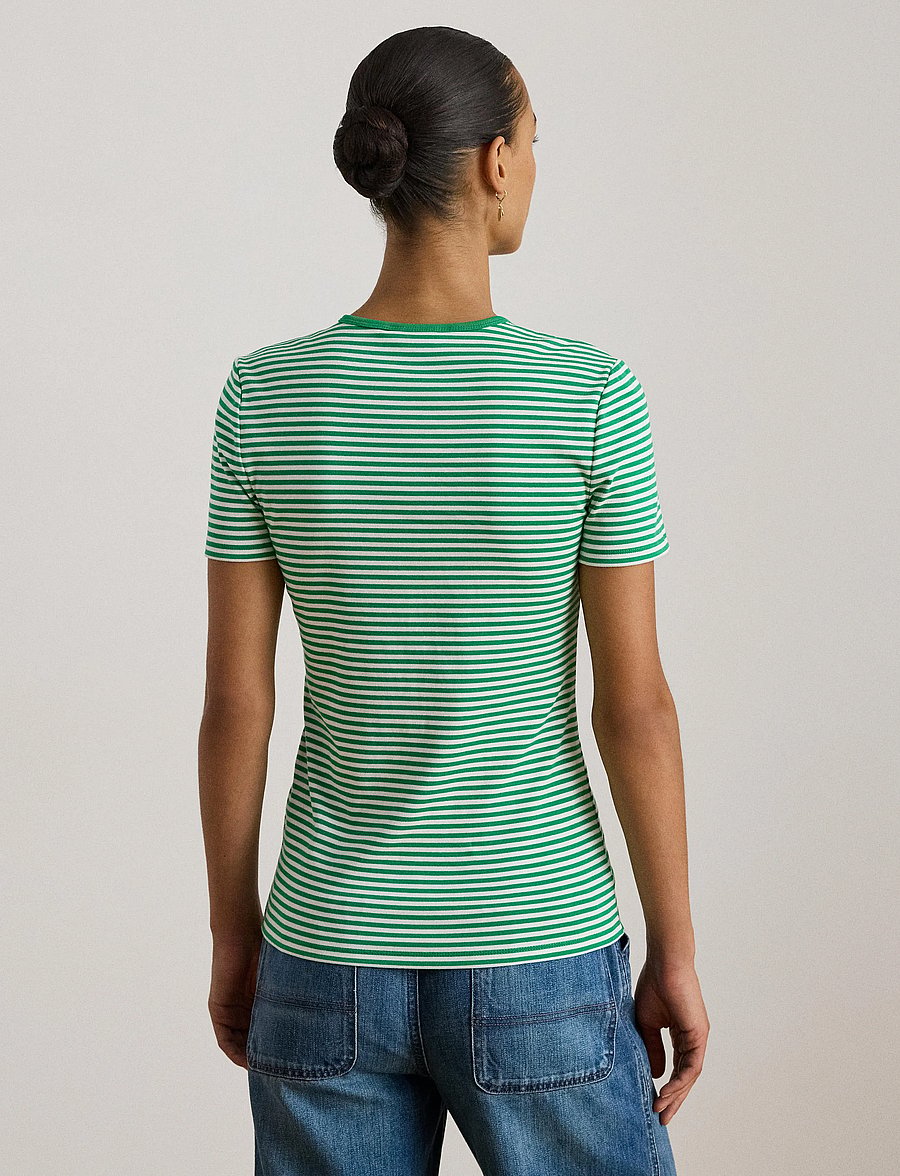 Lauren Ralph Lauren - Striped Stretch Cotton Crewneck Tee - t-shirts - stem/white - 5