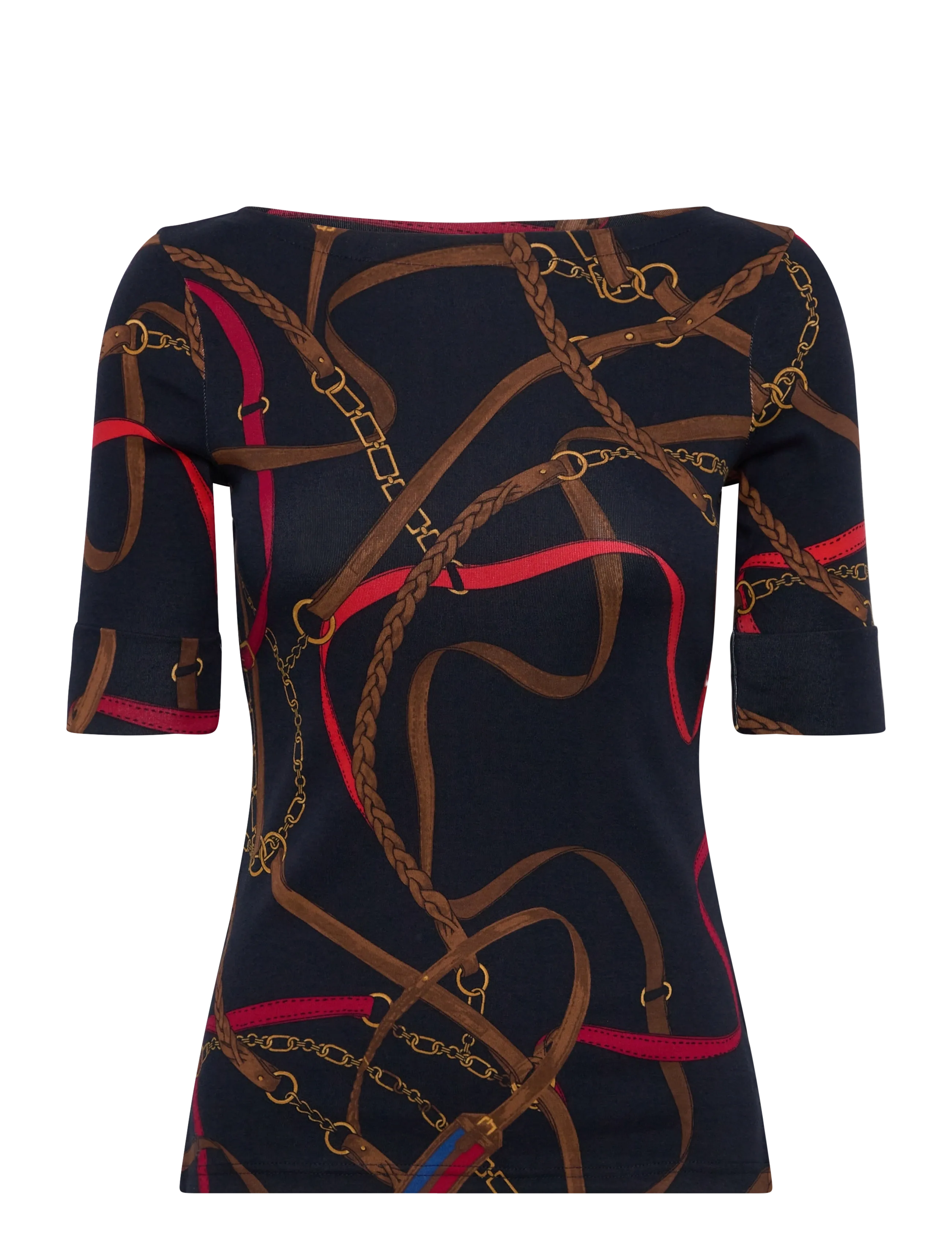 Belting-Print Cotton Boatneck Tee - NAVY MULTI