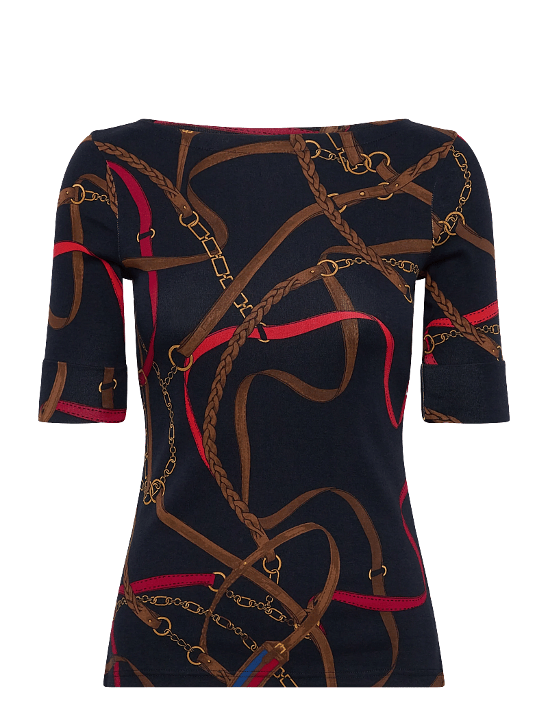 Lauren Ralph Lauren - Belting-Print Cotton Boatneck Tee - t-shirts - navy multi - 0