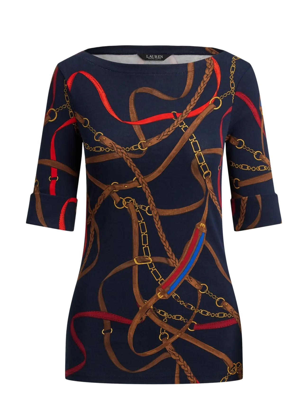 Lauren Ralph Lauren Belting-Print Cotton Boatneck Tee - Tøj - NAVY MULTI / navy