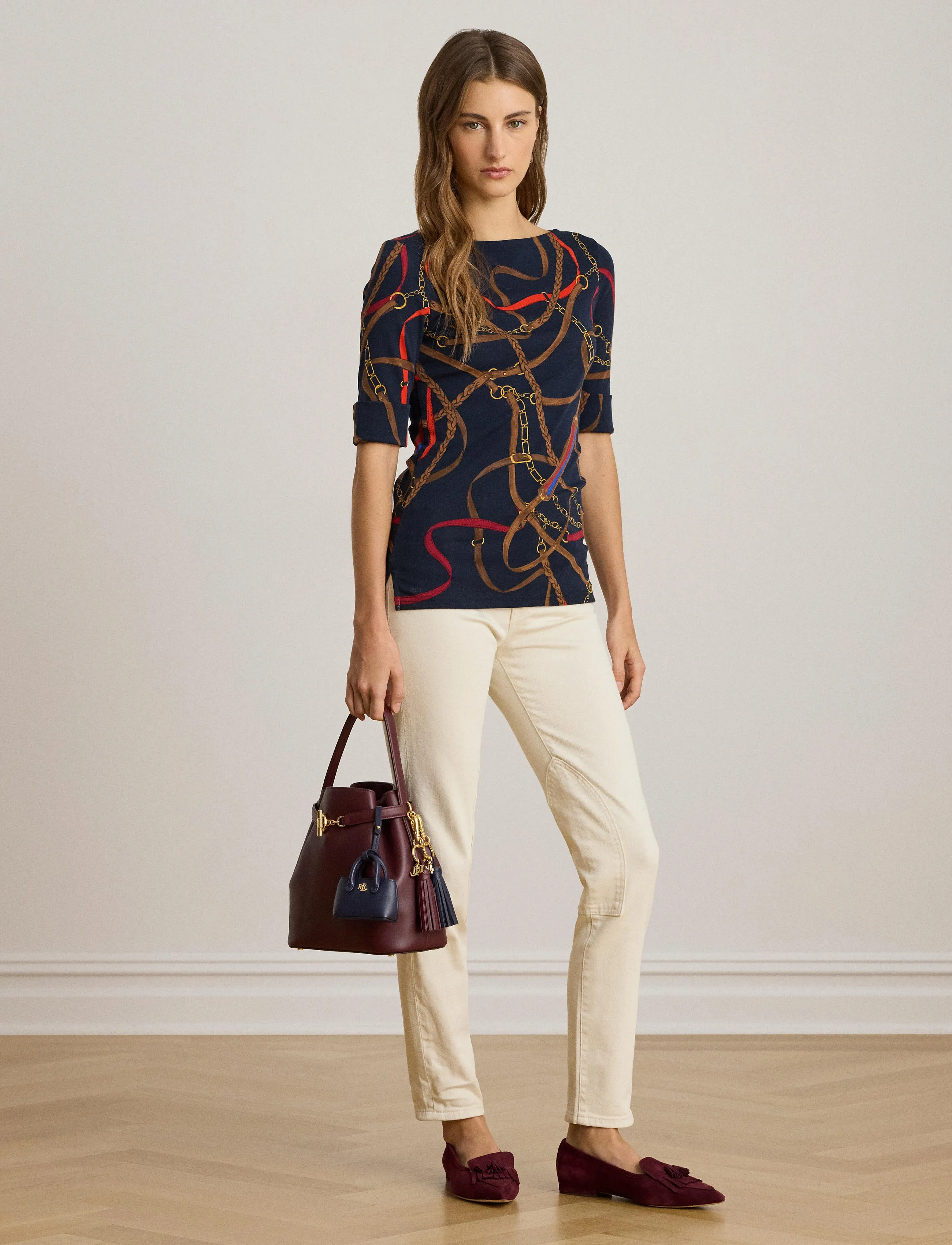 Lauren Ralph Lauren Belting-Print Cotton Boatneck Tee, XS, Navy, T-Shirts & Toppe > Kortærmede, Dame