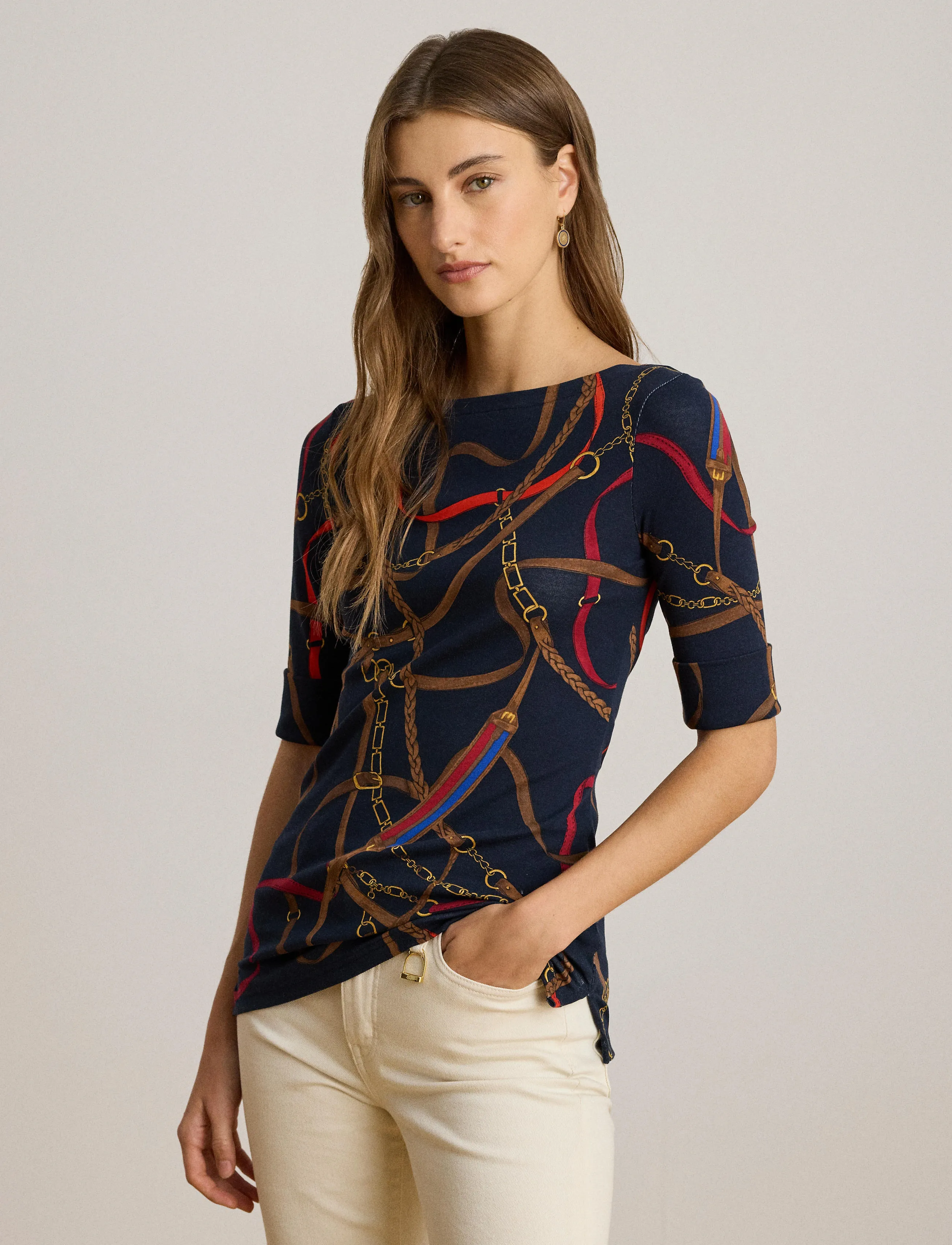 Lauren Ralph Lauren - Belting-Print Cotton Boatneck Tee - t-särgid - navy multi - 3