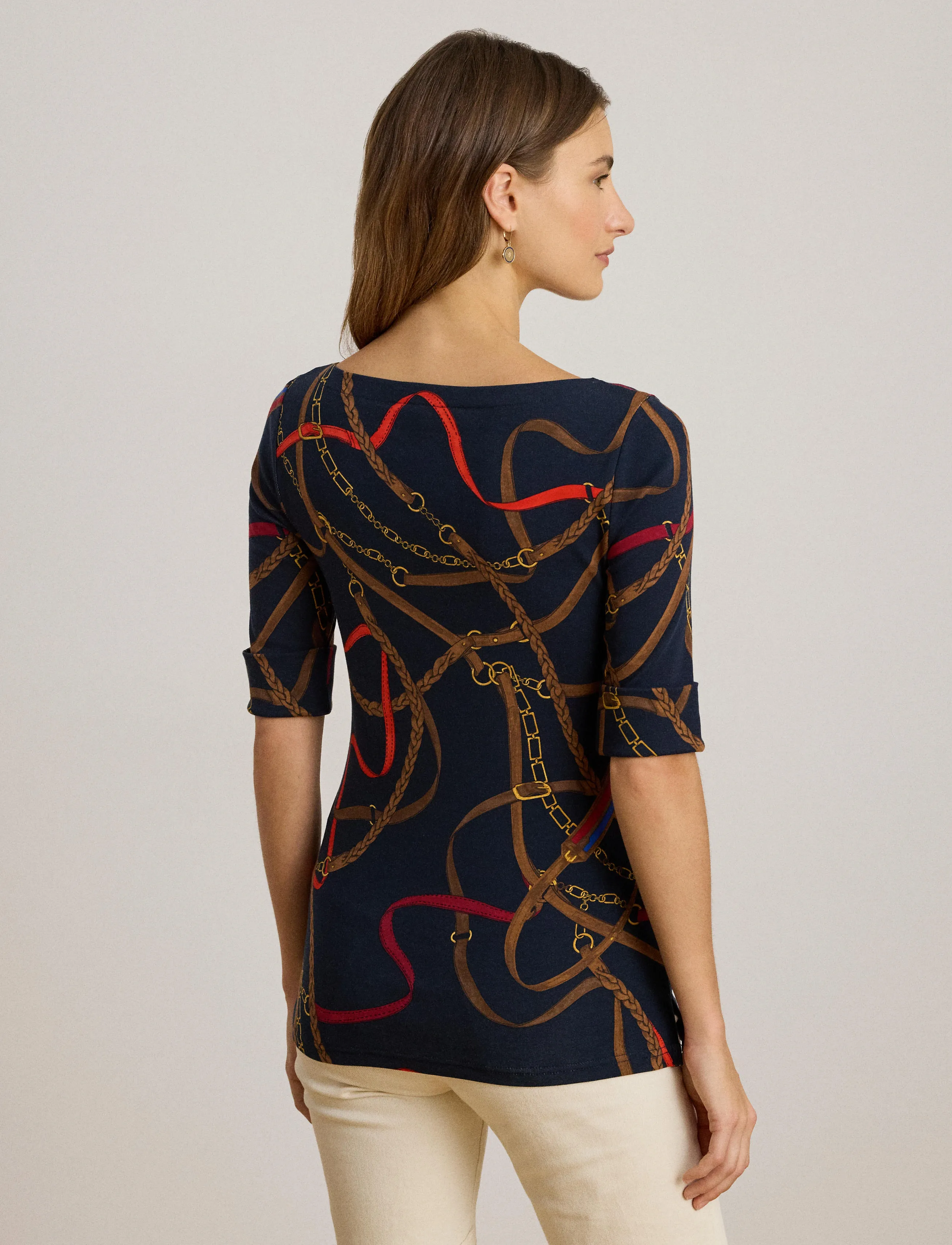 Lauren Ralph Lauren - Belting-Print Cotton Boatneck Tee - t-särgid - navy multi - 5