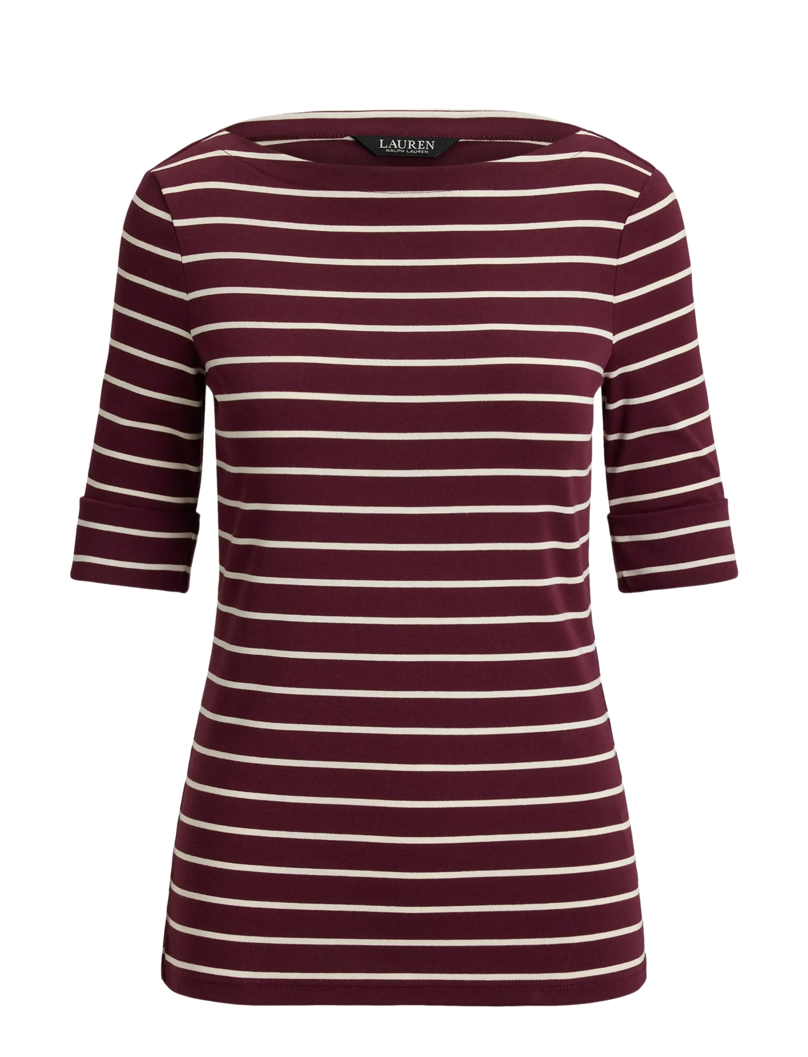 Lauren Ralph Lauren Striped Stretch Cotton Boatneck Tee - Tøj - DARK GARNET/MASCA / burgundy