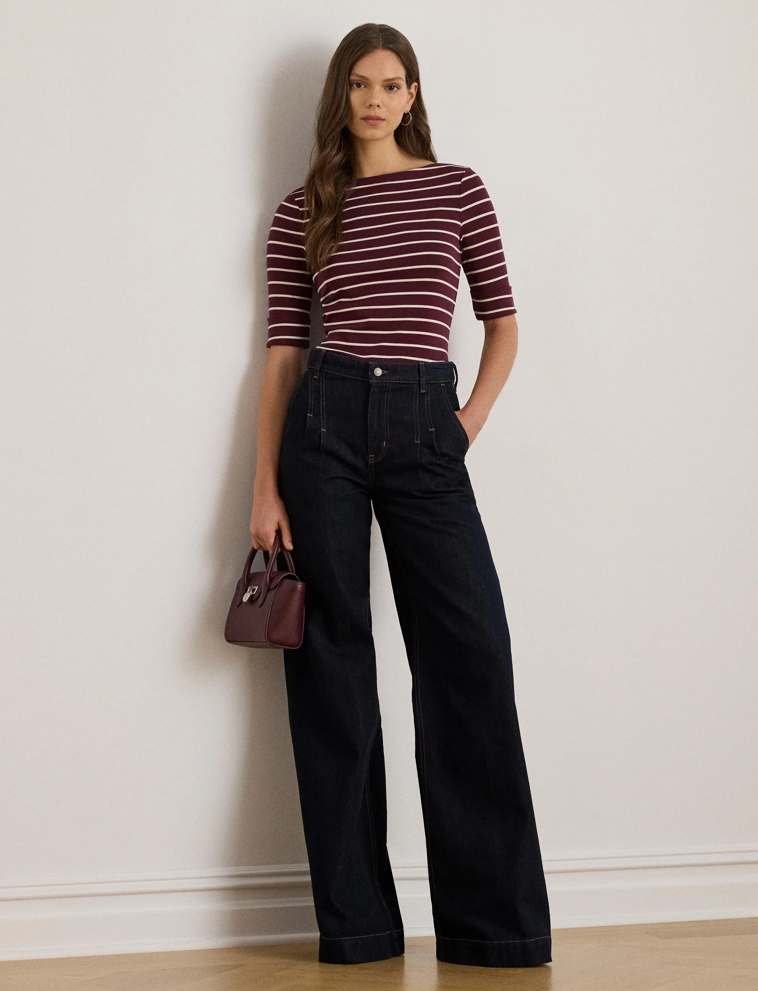 Lauren Ralph Lauren Striped Stretch Cotton Boatneck Tee - T-Shirts & Tops - DARK GARNET/MASCA / burgundy