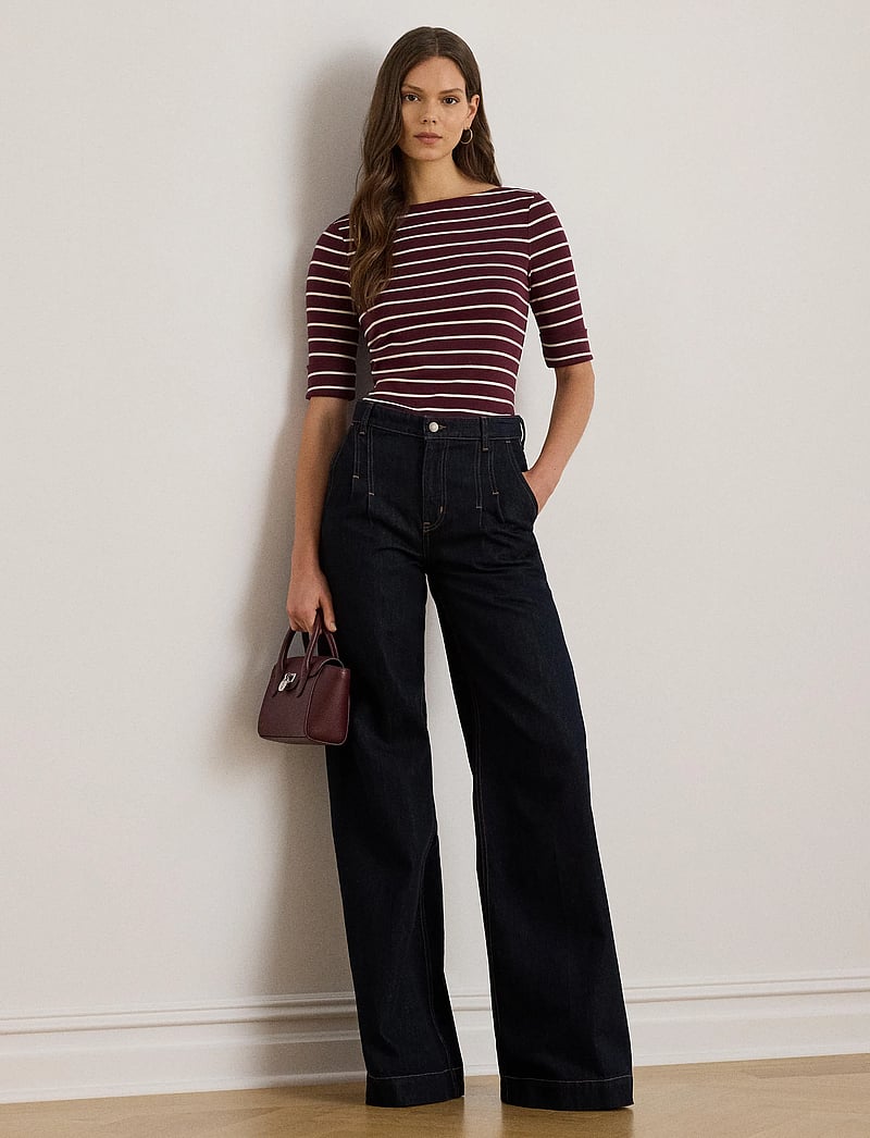 Lauren Ralph Lauren - Striped Stretch Cotton Boatneck Tee - t-shirty - dark garnet/masca - 0