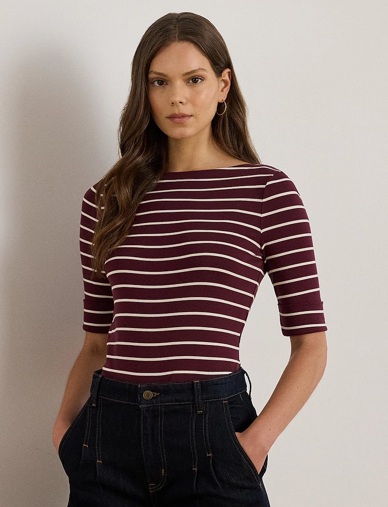 Lauren Ralph Lauren - Striped Stretch Cotton Boatneck Tee - t-shirty - dark garnet/masca - 3