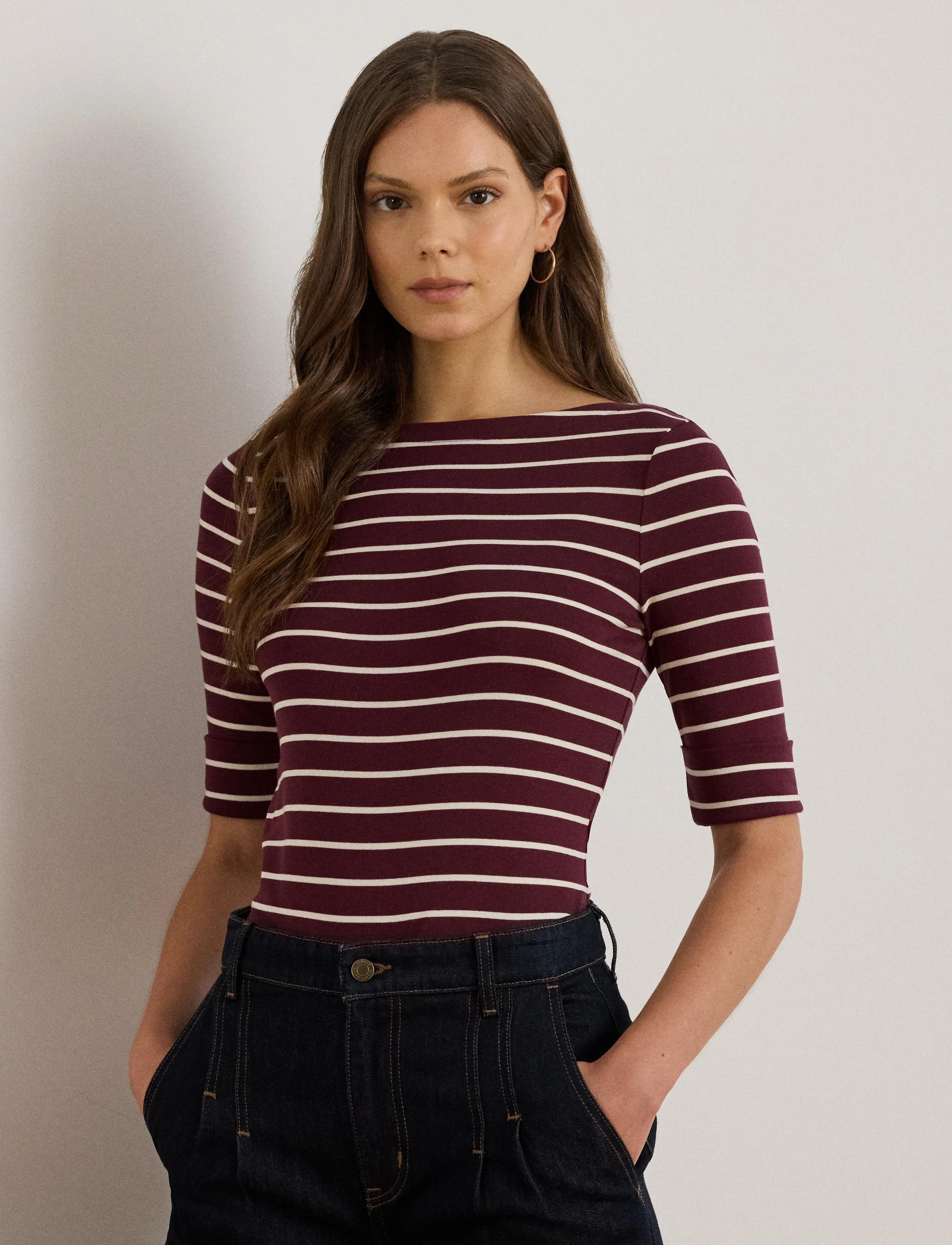 Lauren Ralph Lauren - Striped Stretch Cotton Boatneck Tee - t-särgid - dark garnet/masca - 3