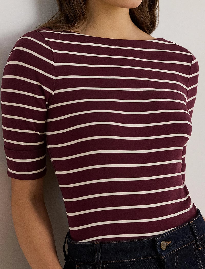Lauren Ralph Lauren - Striped Stretch Cotton Boatneck Tee - t-shirty - dark garnet/masca - 4