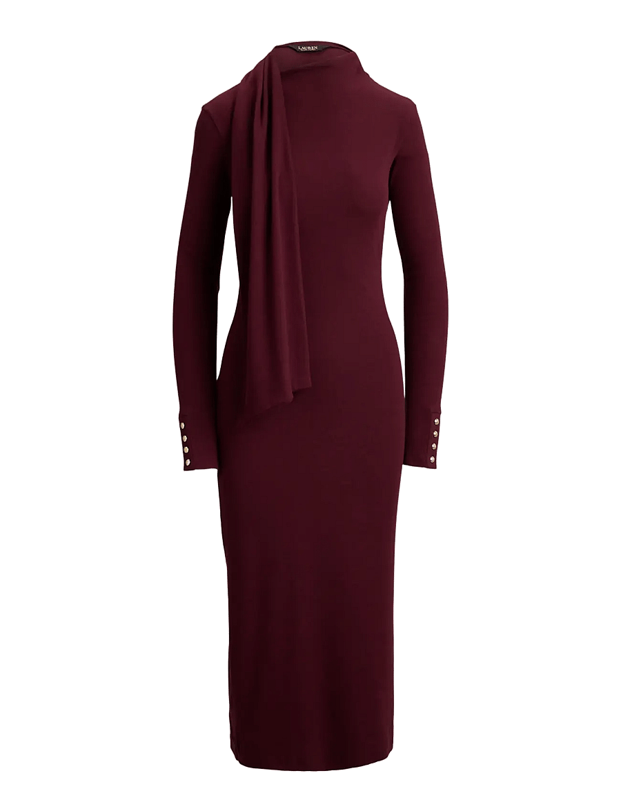 Lauren Ralph Lauren - Scarf-Trim Cotton-Blend Rib-Knit Dress - knitted dresses - dark garnet - 1